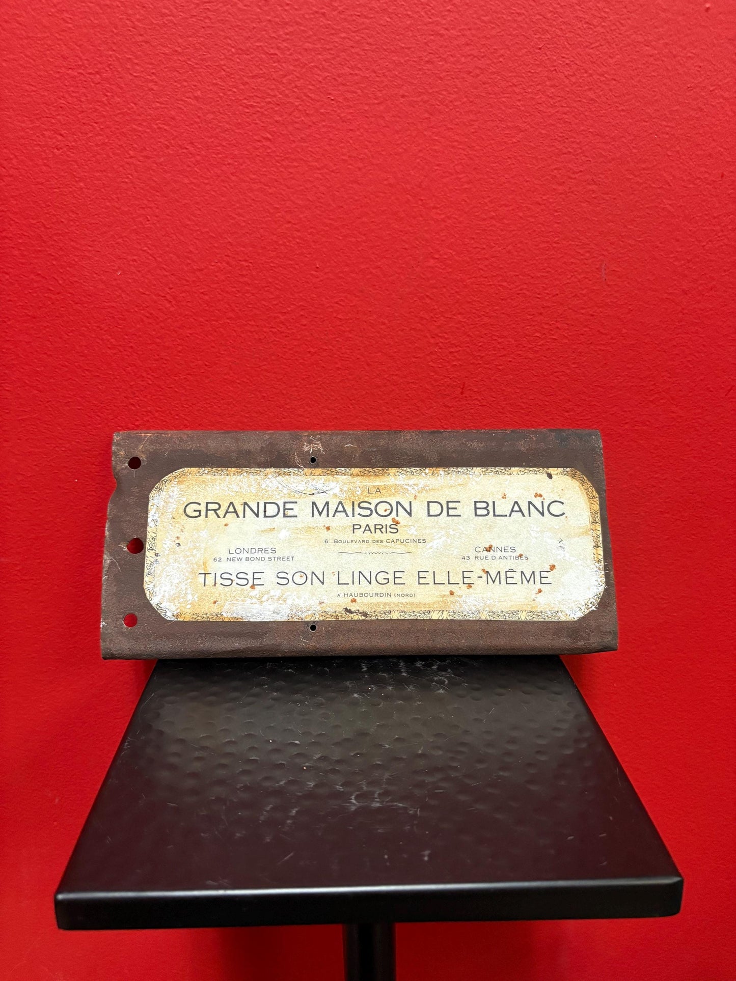 Beautiful 9 x 4 1/2 wide antique French metal sign