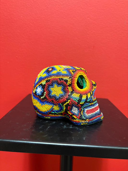 Vintage Huichol Mexican beaded skull statue  cracked inside  - 3 inches high so cool  good value  RS