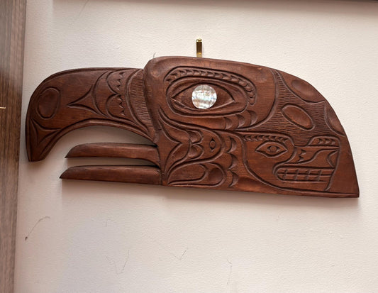 Amazing signed indigenous first Nations, Pacific Northwest Coast Raven plaque with abalone eye  great detail - 16 x 6 high  RS