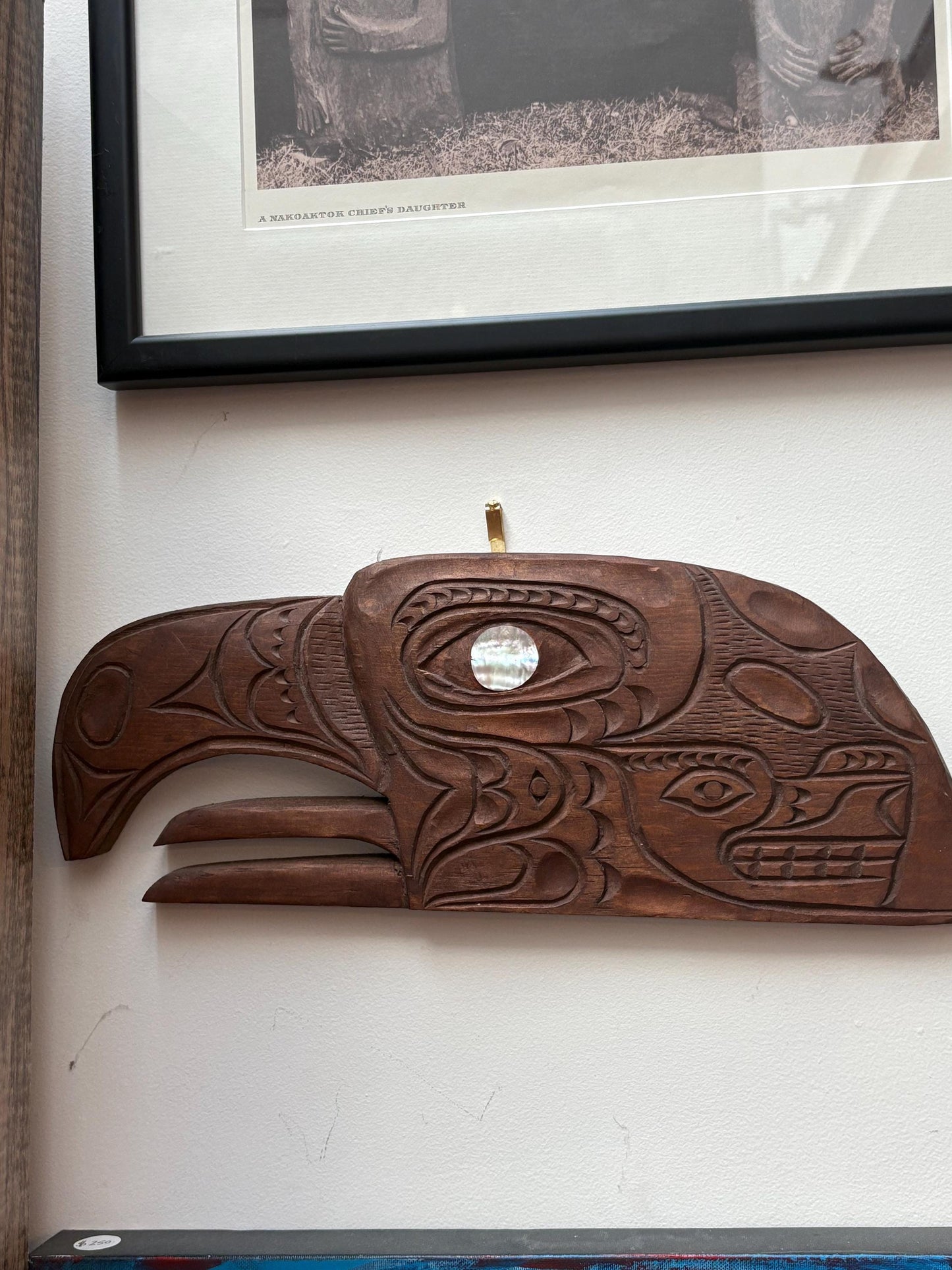 Amazing signed indigenous first Nations, Pacific Northwest Coast Raven plaque with abalone eye  great detail - 16 x 6 high  RS