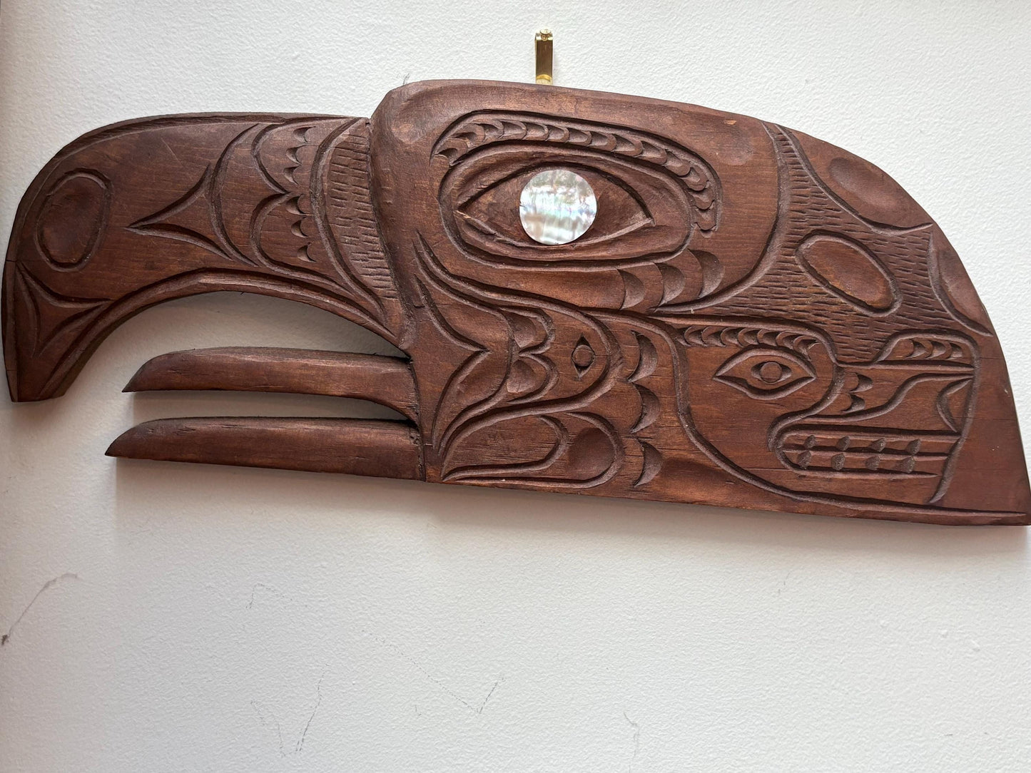 Amazing signed indigenous first Nations, Pacific Northwest Coast Raven plaque with abalone eye  great detail - 16 x 6 high  RS