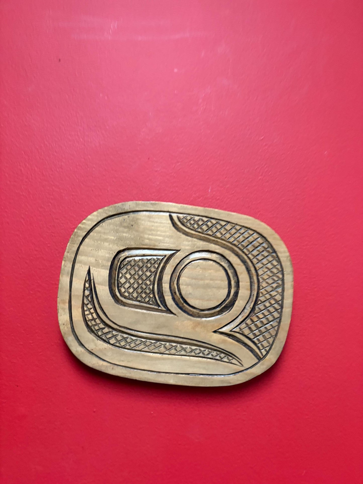 Beautiful 9 1/2 x 7 1/2 x 1 thick signed trout cedar plaque  indigenous first nation pacific north West Coast beauty