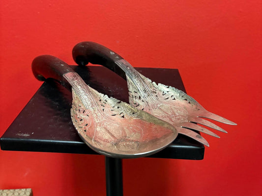 Lovely Persian horn and silver plate  salad servers  little damage on handle  11 and 12 inches long