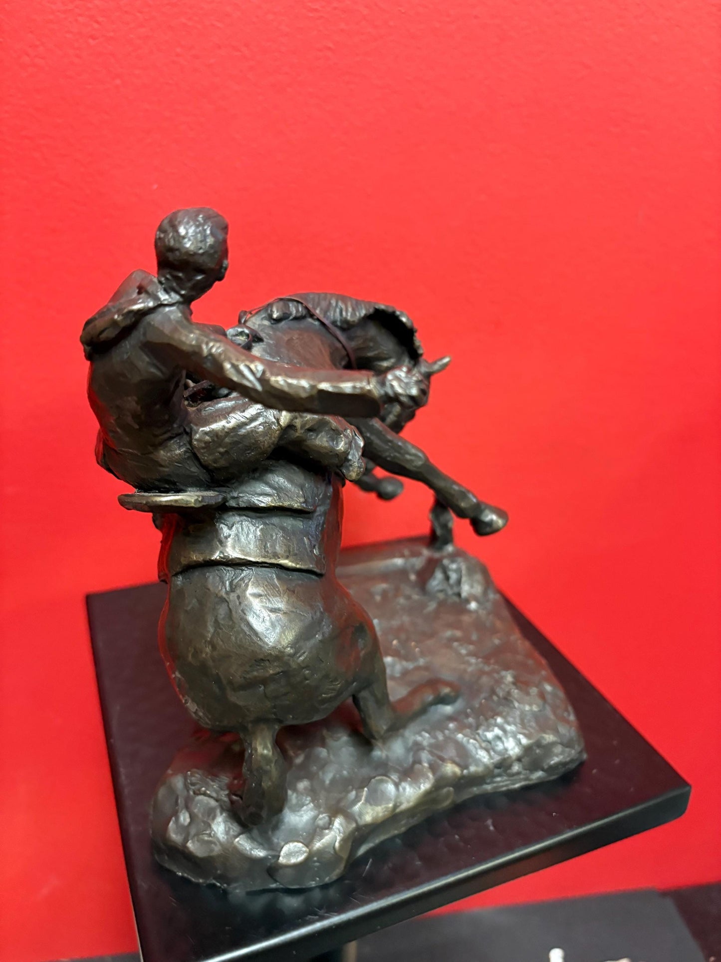 Stunning 8 inch tall bronze Horse and rider   wonderful patina  great imagery antique  late 19 century  wow