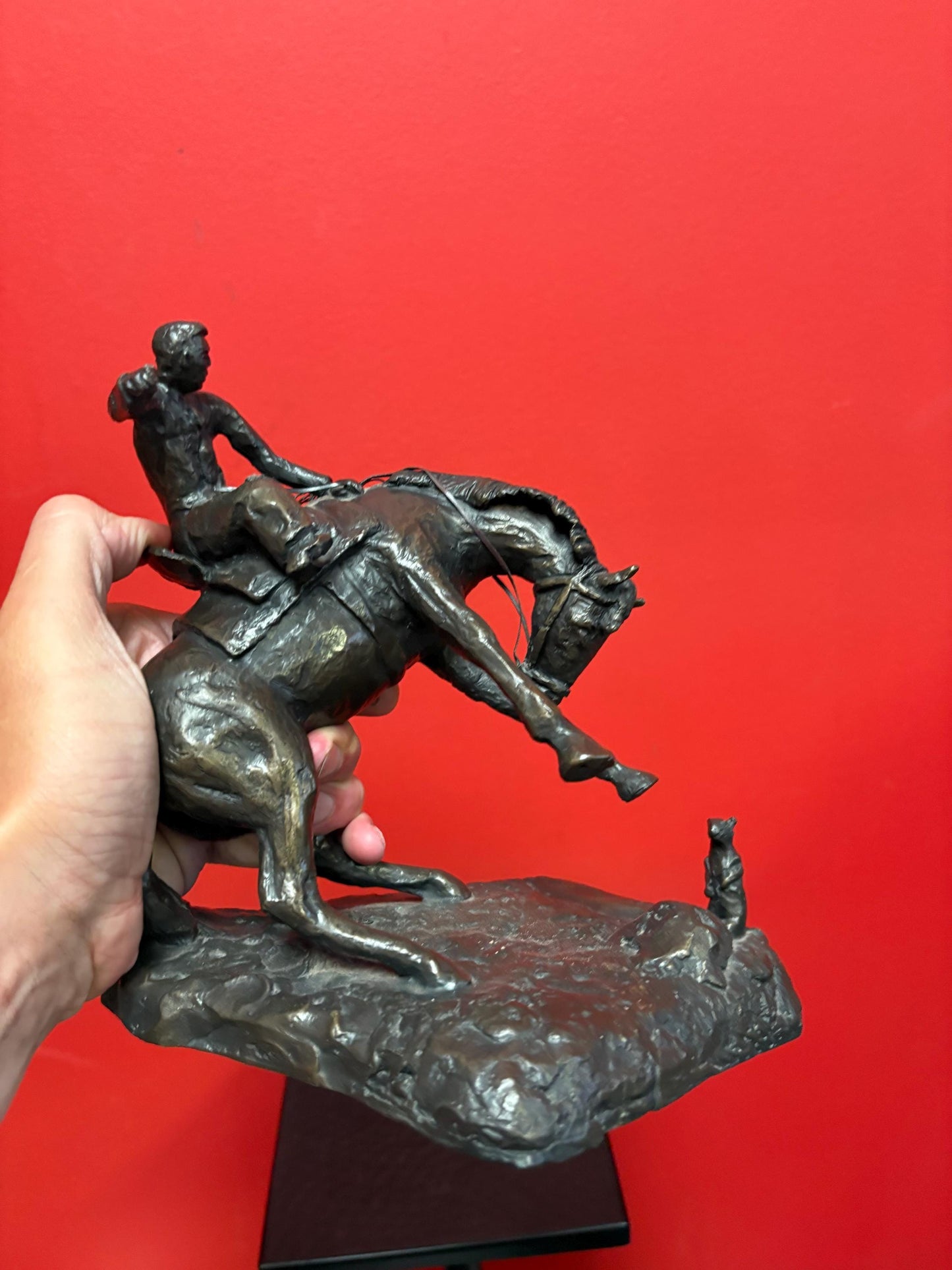 Stunning 8 inch tall bronze Horse and rider   wonderful patina  great imagery antique  late 19 century  wow