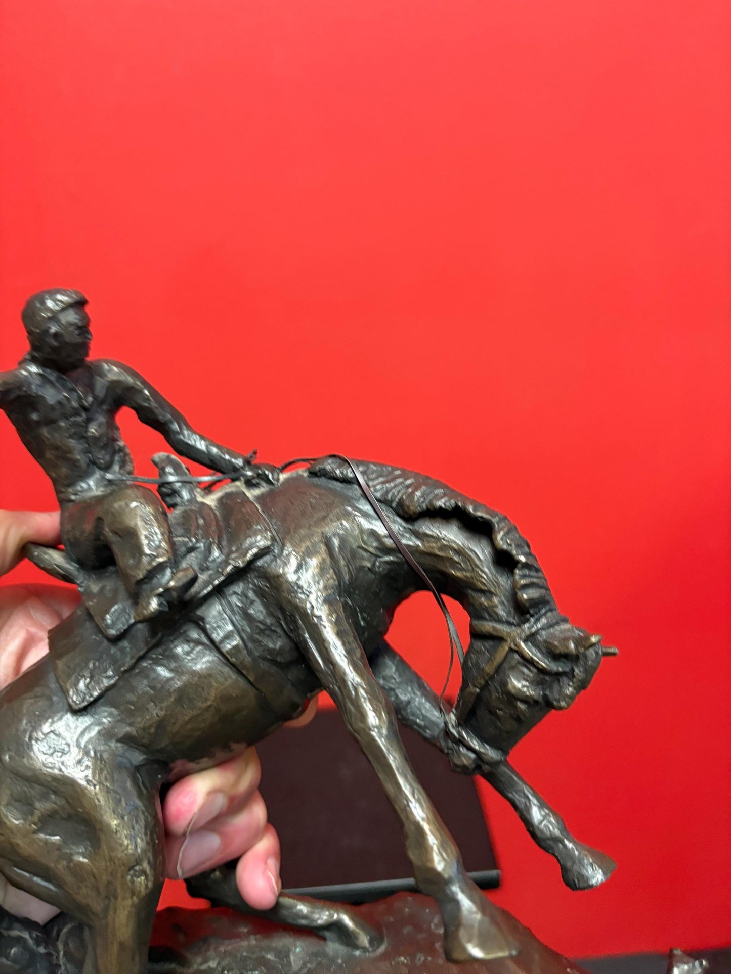 Stunning 8 inch tall bronze Horse and rider   wonderful patina  great imagery antique  late 19 century  wow