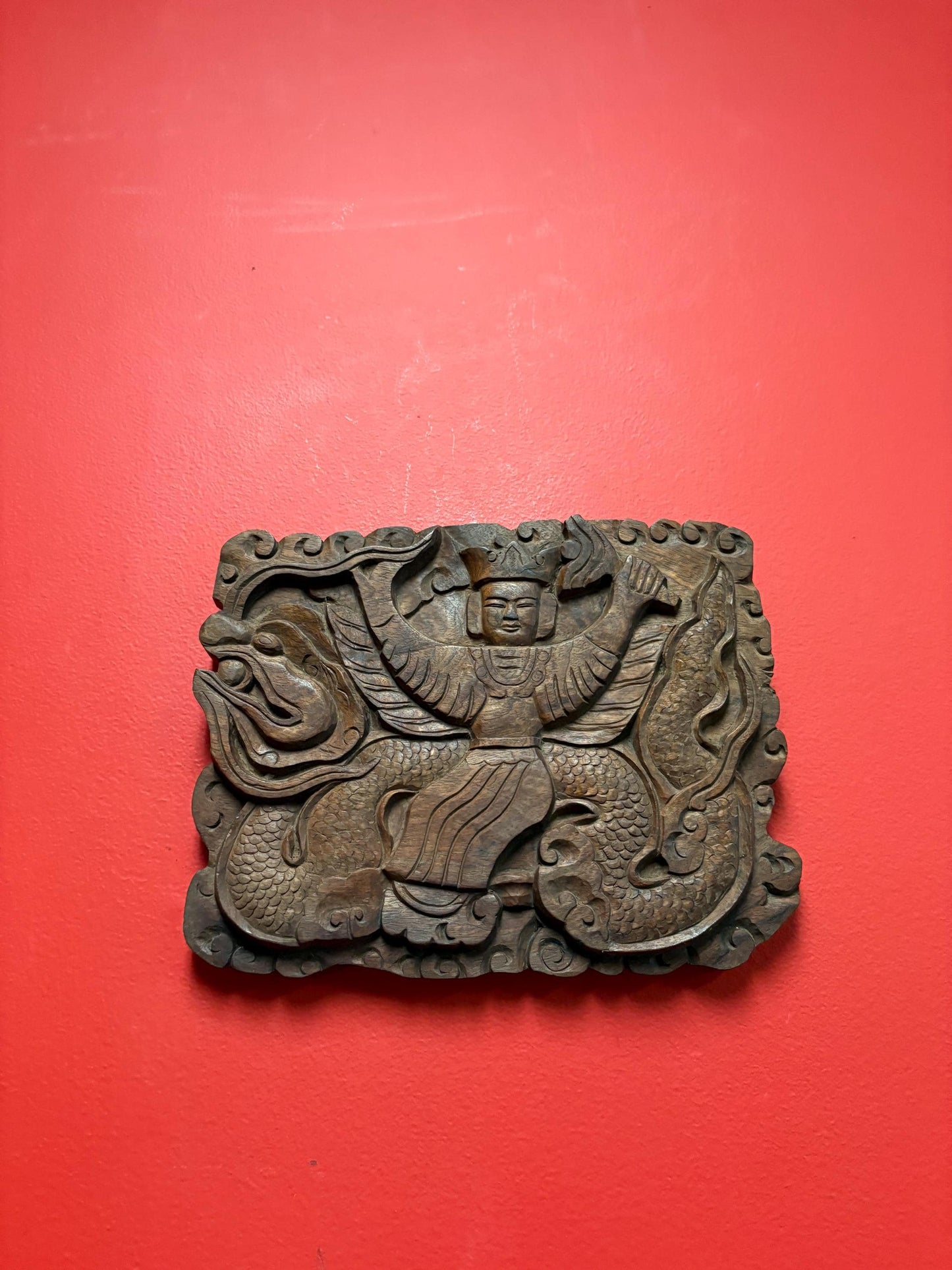 Fabulous Southeast Asian antique heavy wall carved plaque of emperor and dragon wooden beauty  11 x 9 by one inch thick