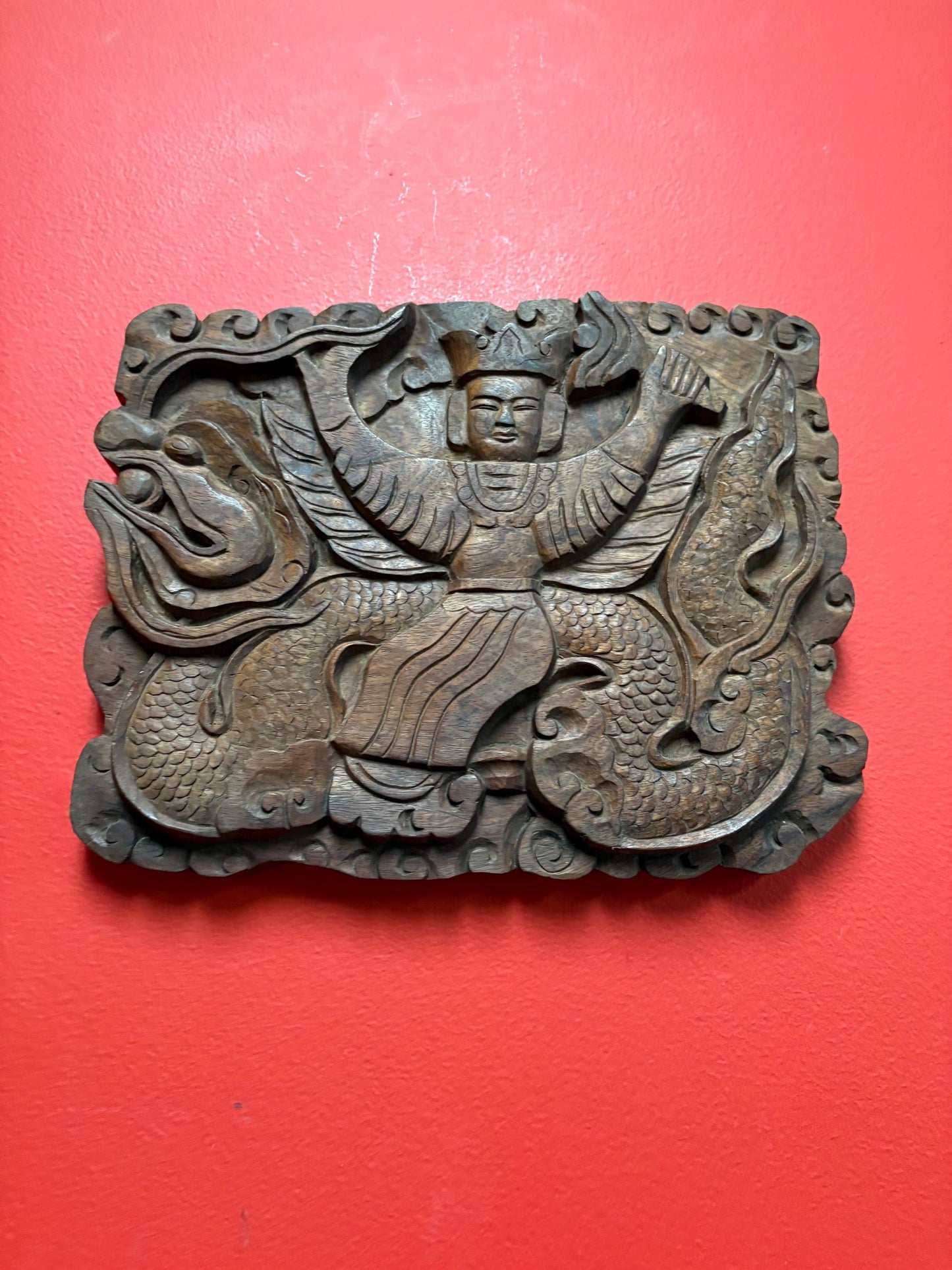 Fabulous Southeast Asian antique heavy wall carved plaque of emperor and dragon wooden beauty  11 x 9 by one inch thick