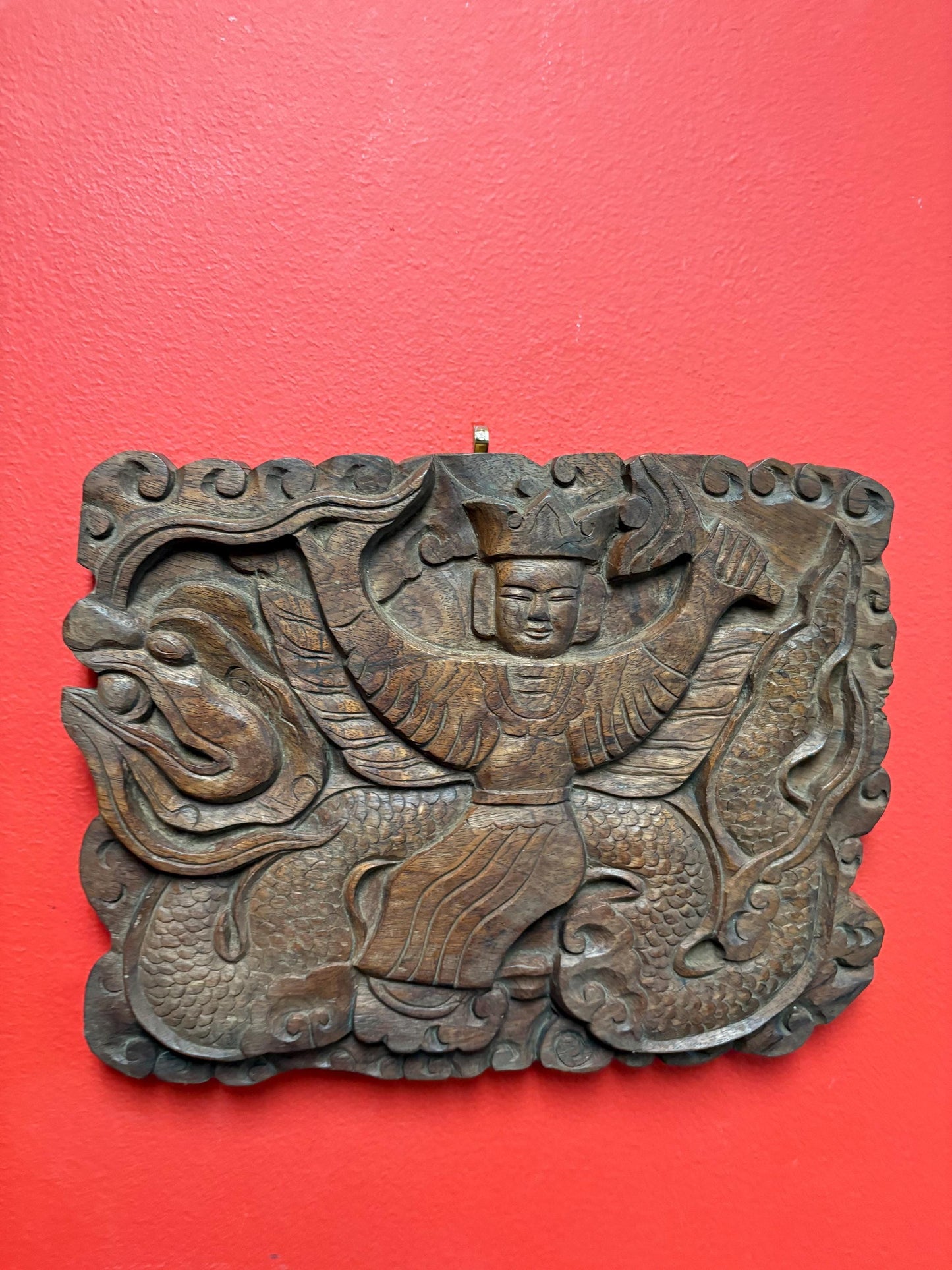 Fabulous Southeast Asian antique heavy wall carved plaque of emperor and dragon wooden beauty  11 x 9 by one inch thick