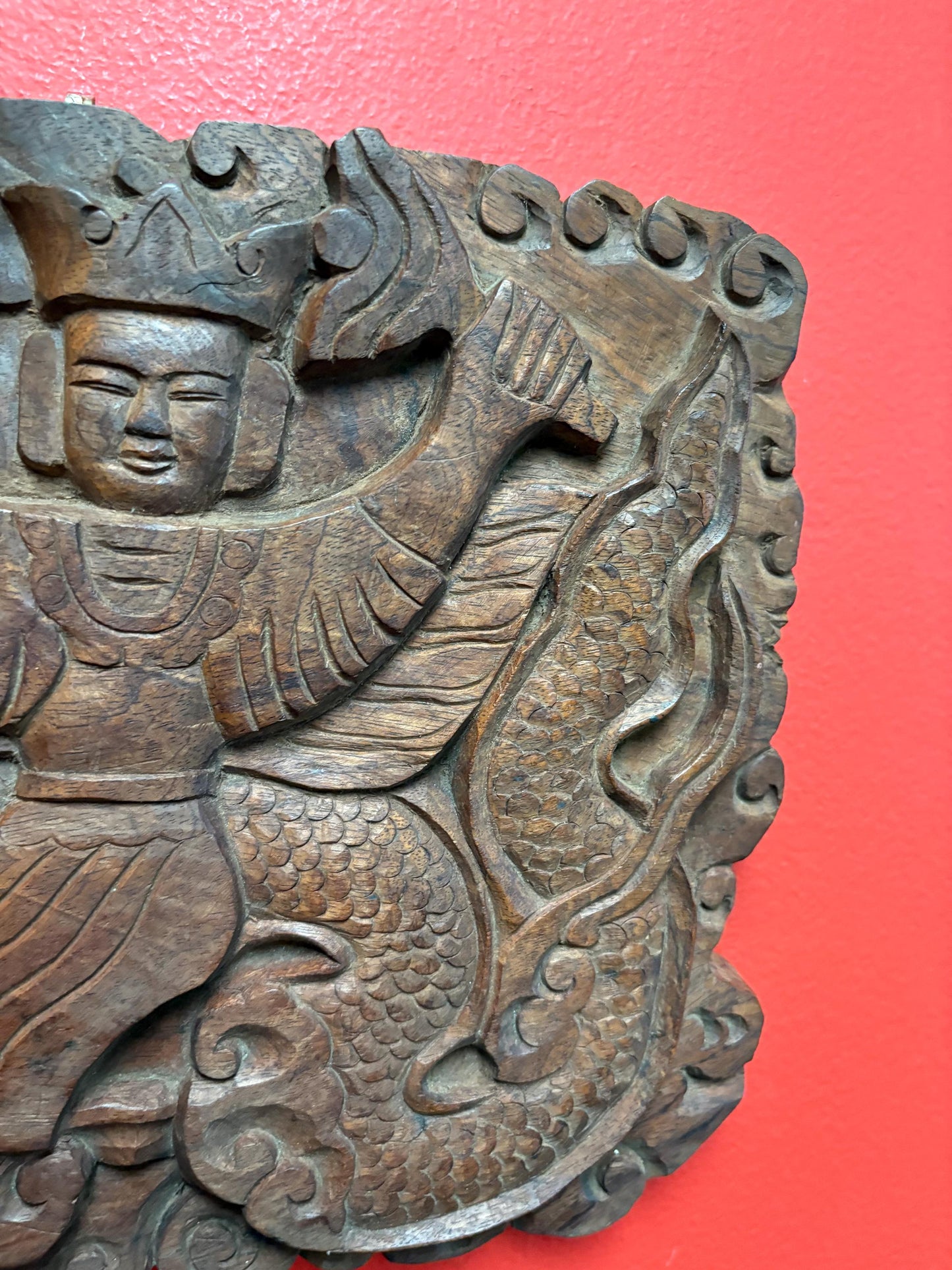 Fabulous Southeast Asian antique heavy wall carved plaque of emperor and dragon wooden beauty  11 x 9 by one inch thick