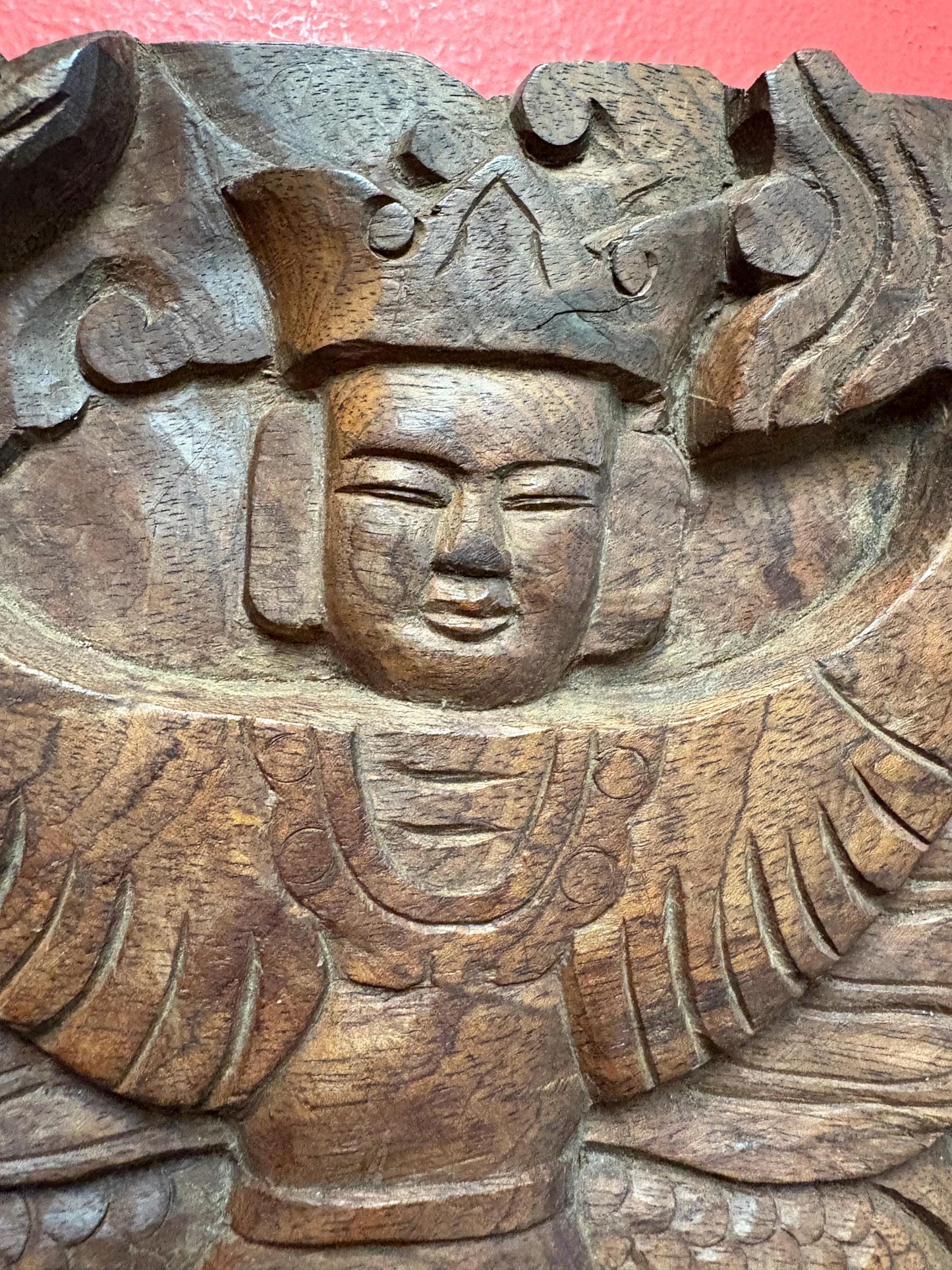 Fabulous Southeast Asian antique heavy wall carved plaque of emperor and dragon wooden beauty  11 x 9 by one inch thick