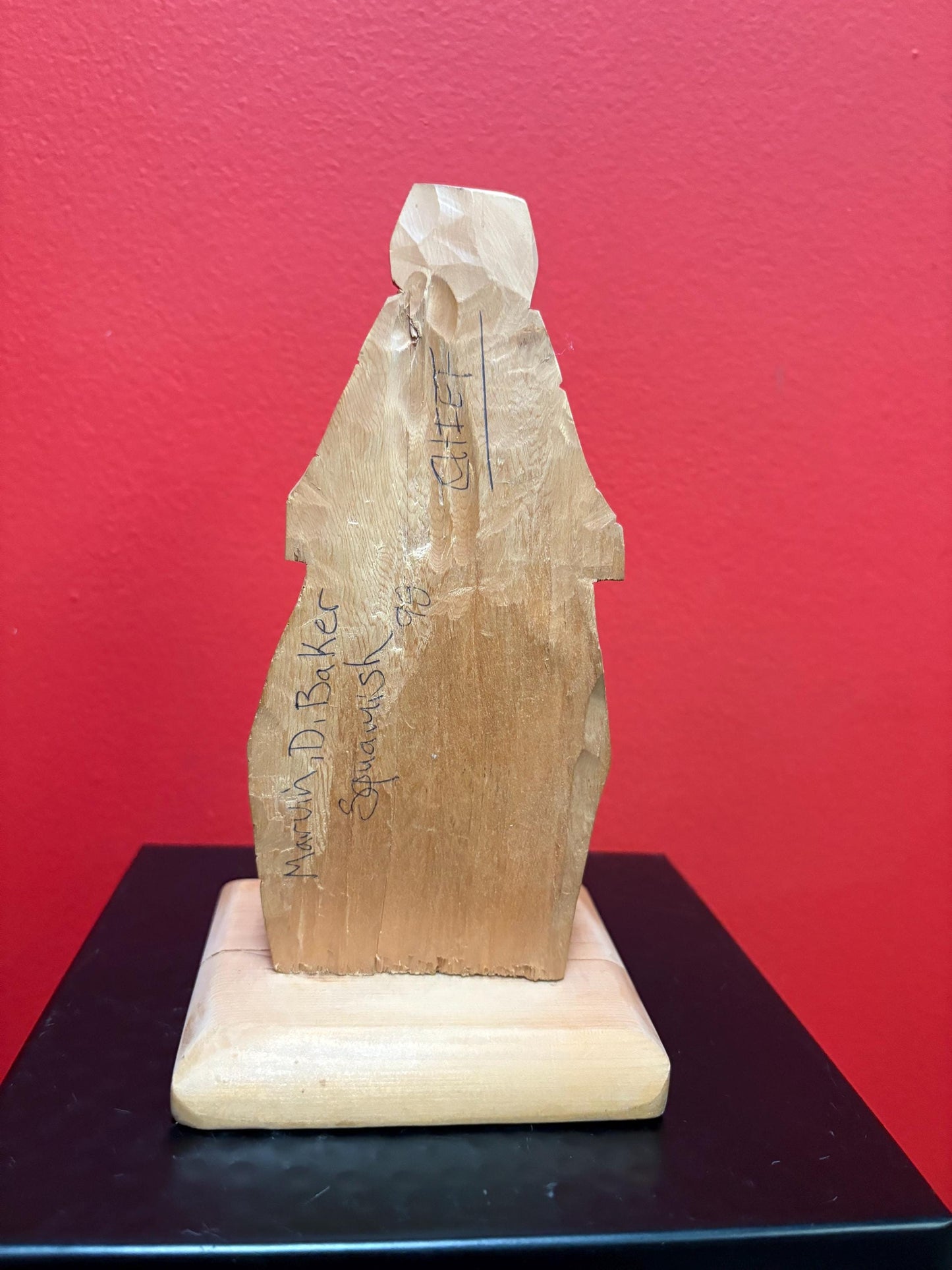 Lovely indigenous first nations Pacific northwest coast Cedar statue of a chief by Marvin Baker  great detail and price - 8 inches tall