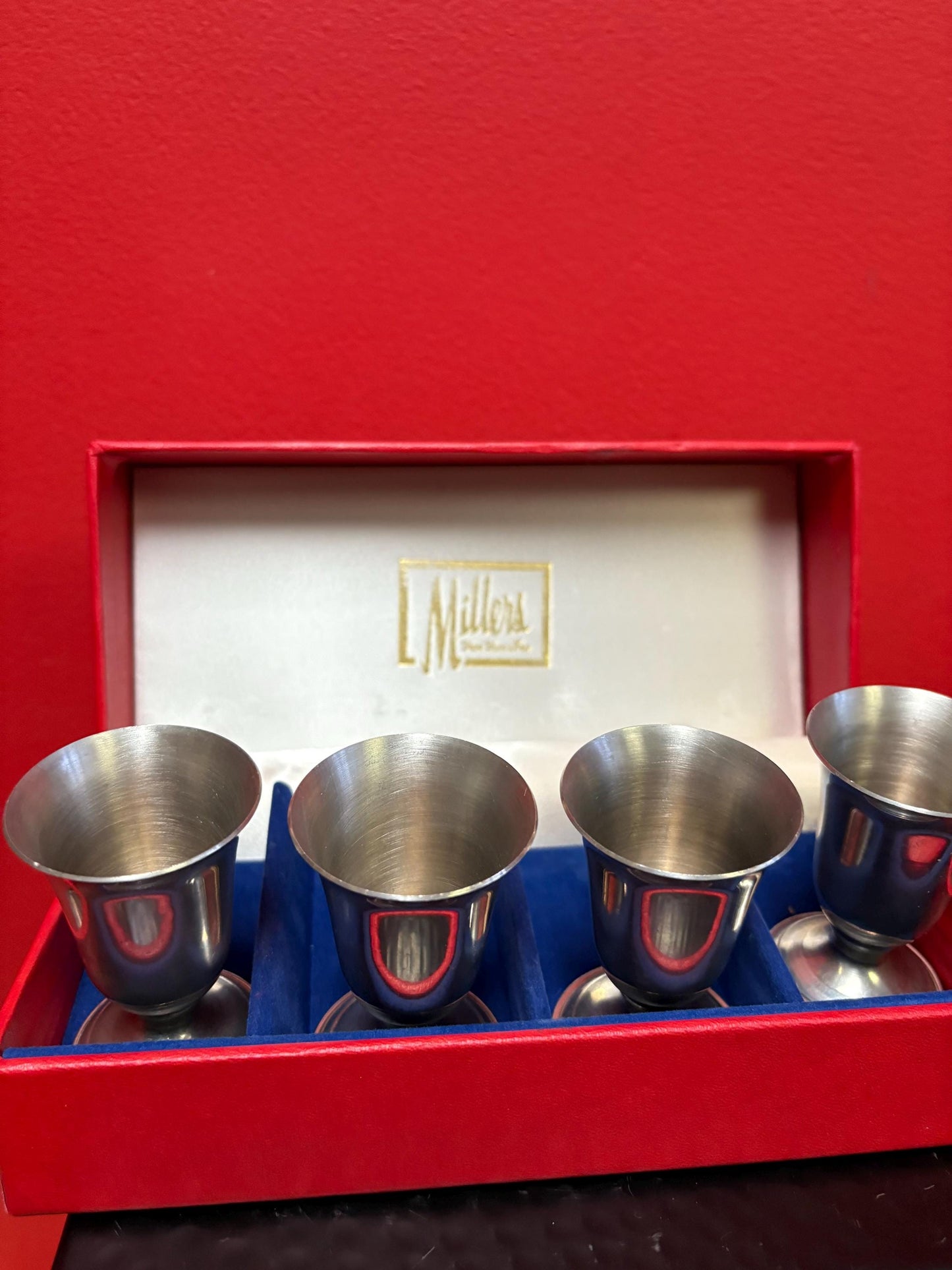 Beautiful set of four pewter wine goblets in presentation box  lovely gift  3 inches tall