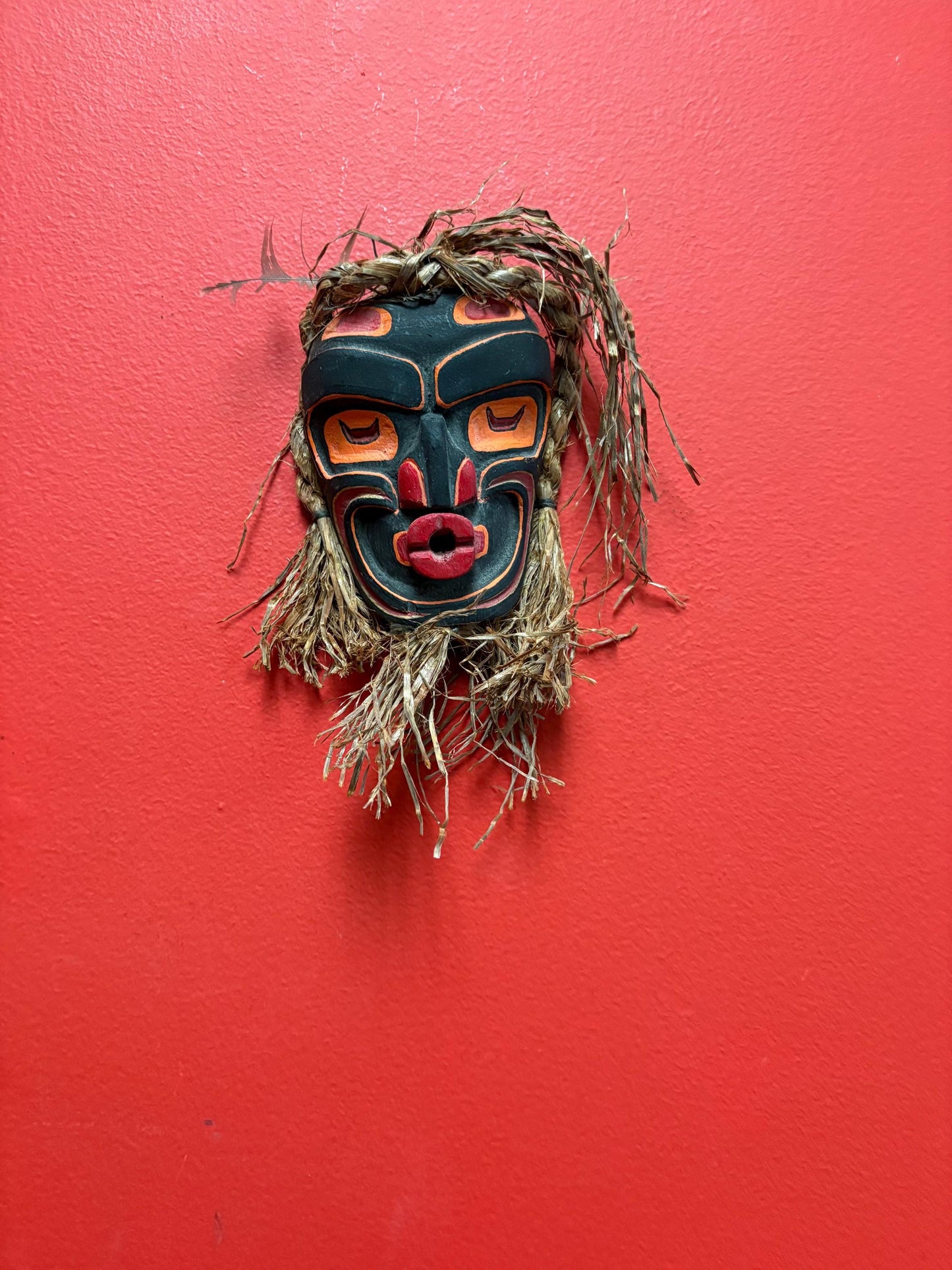 Beautiful 8 x 4 wide with cedar hair indigenous first nations pacific West Coast signed mask wow  great colours