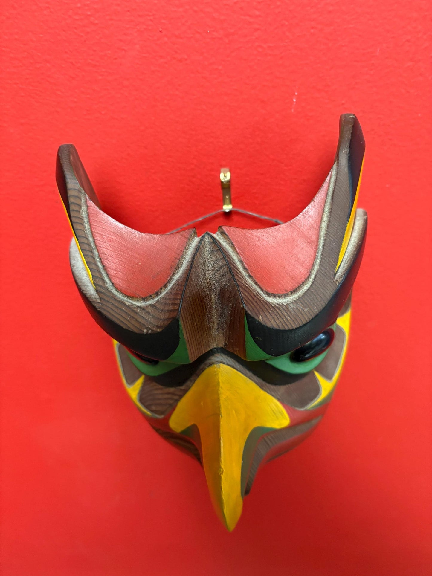 Stunning 7 x 6 wide signed Earl lace polychrome painted owl wisdom mask with glass eyes  indigenous first nations pacific north West Coast