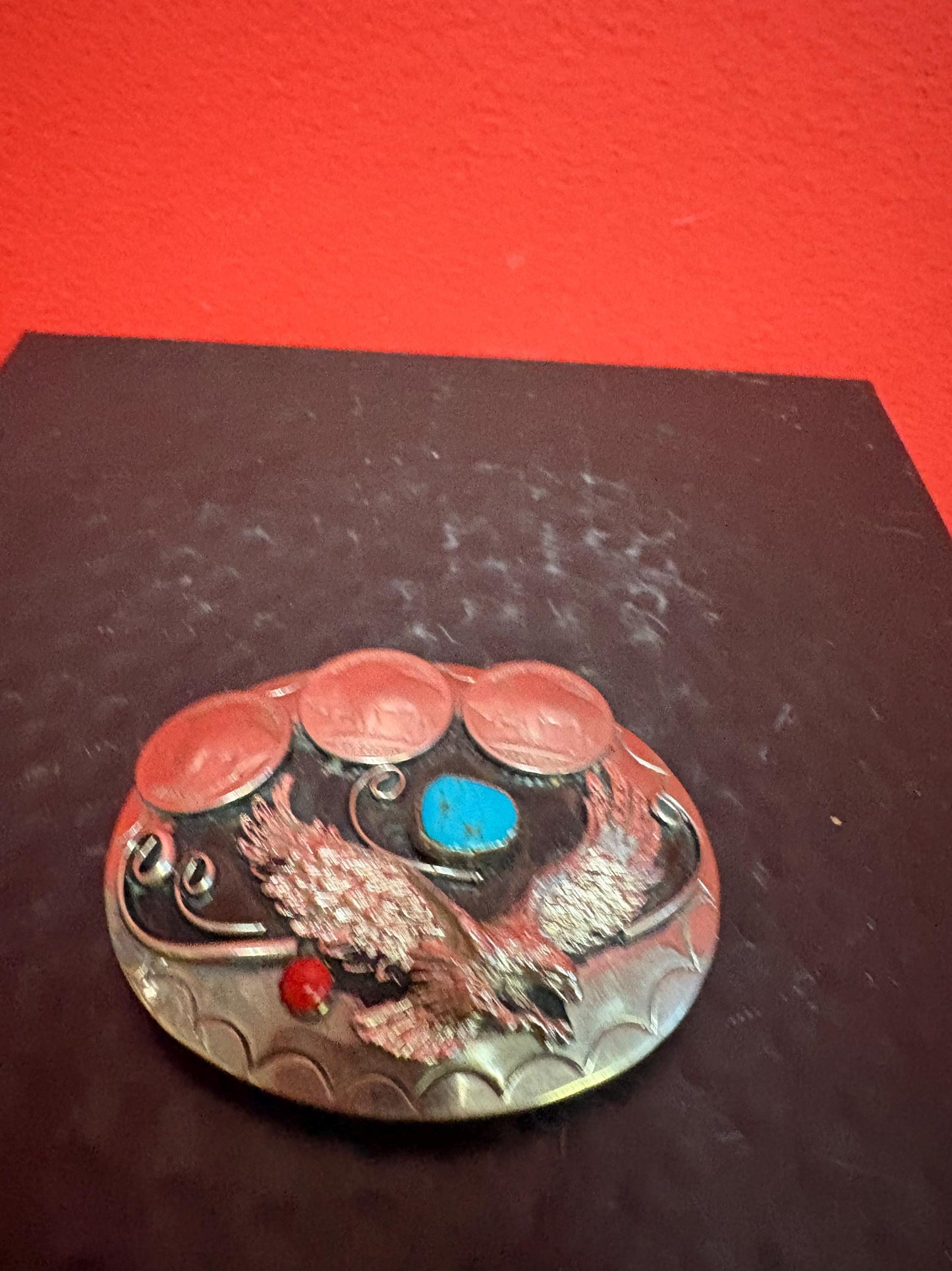 Beautiful Navajo 3 1/2 inch untested silver belt buckle with American coins and turquoise really awesome one