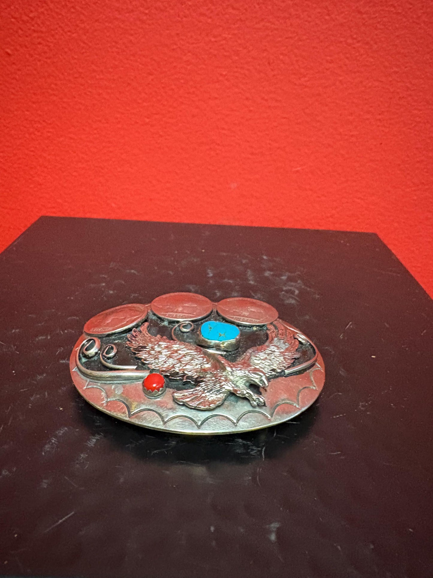 Beautiful Navajo 3 1/2 inch untested silver belt buckle with American coins and turquoise really awesome one