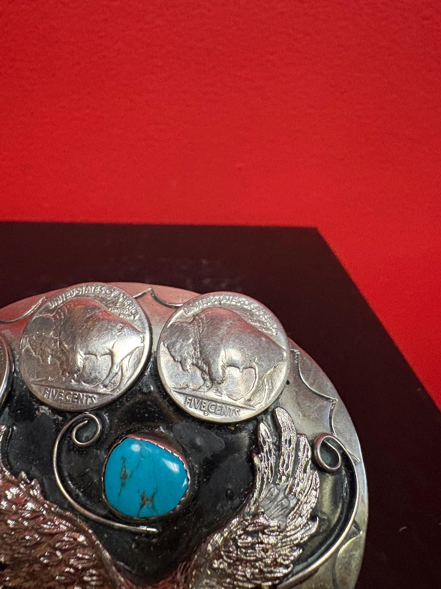 Beautiful Navajo 3 1/2 inch untested silver belt buckle with American coins and turquoise really awesome one