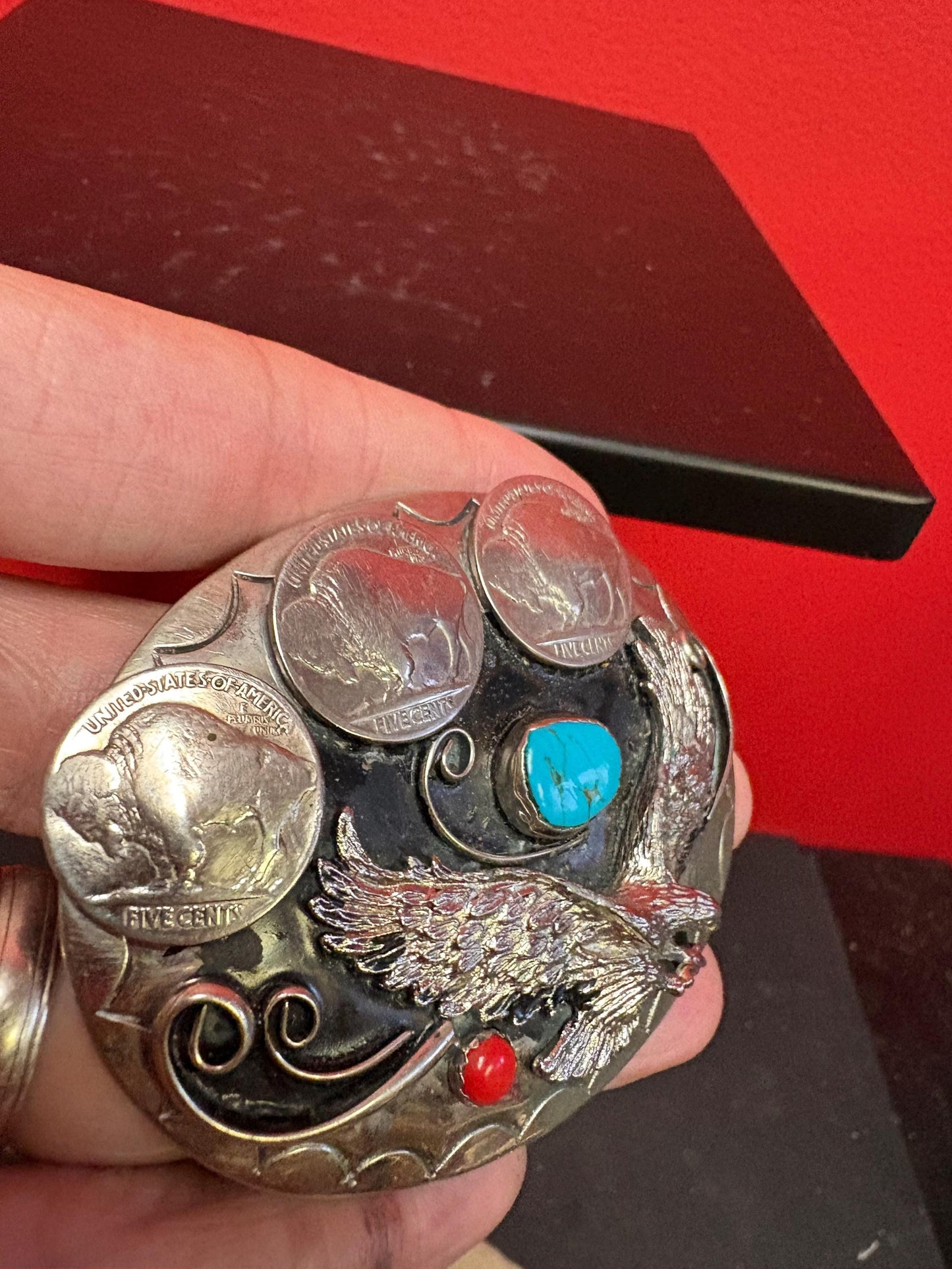 Beautiful Navajo 3 1/2 inch untested silver belt buckle with American coins and turquoise really awesome one