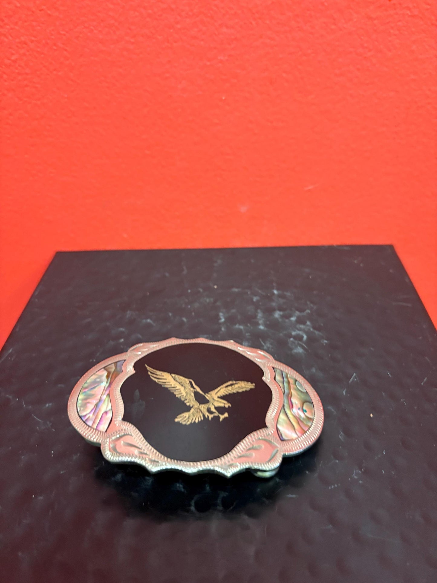 Very cool 3 1/2 inch untested silver and abalone belt buckle with an eagle  American beauty