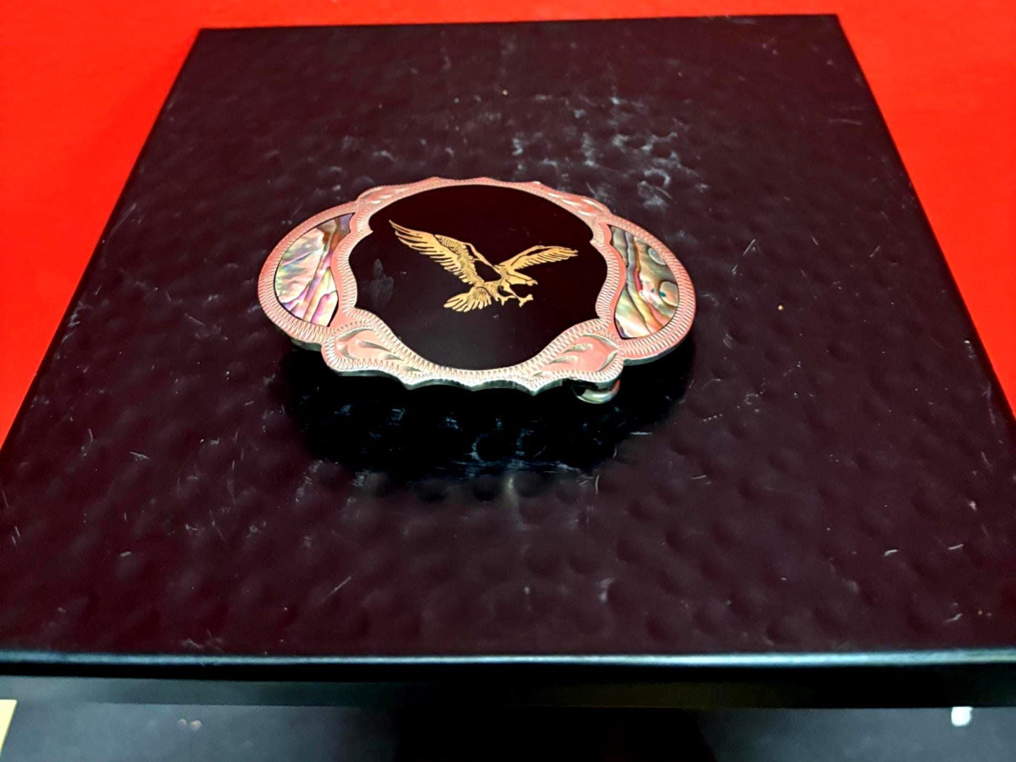 Very cool 3 1/2 inch untested silver and abalone belt buckle with an eagle  American beauty