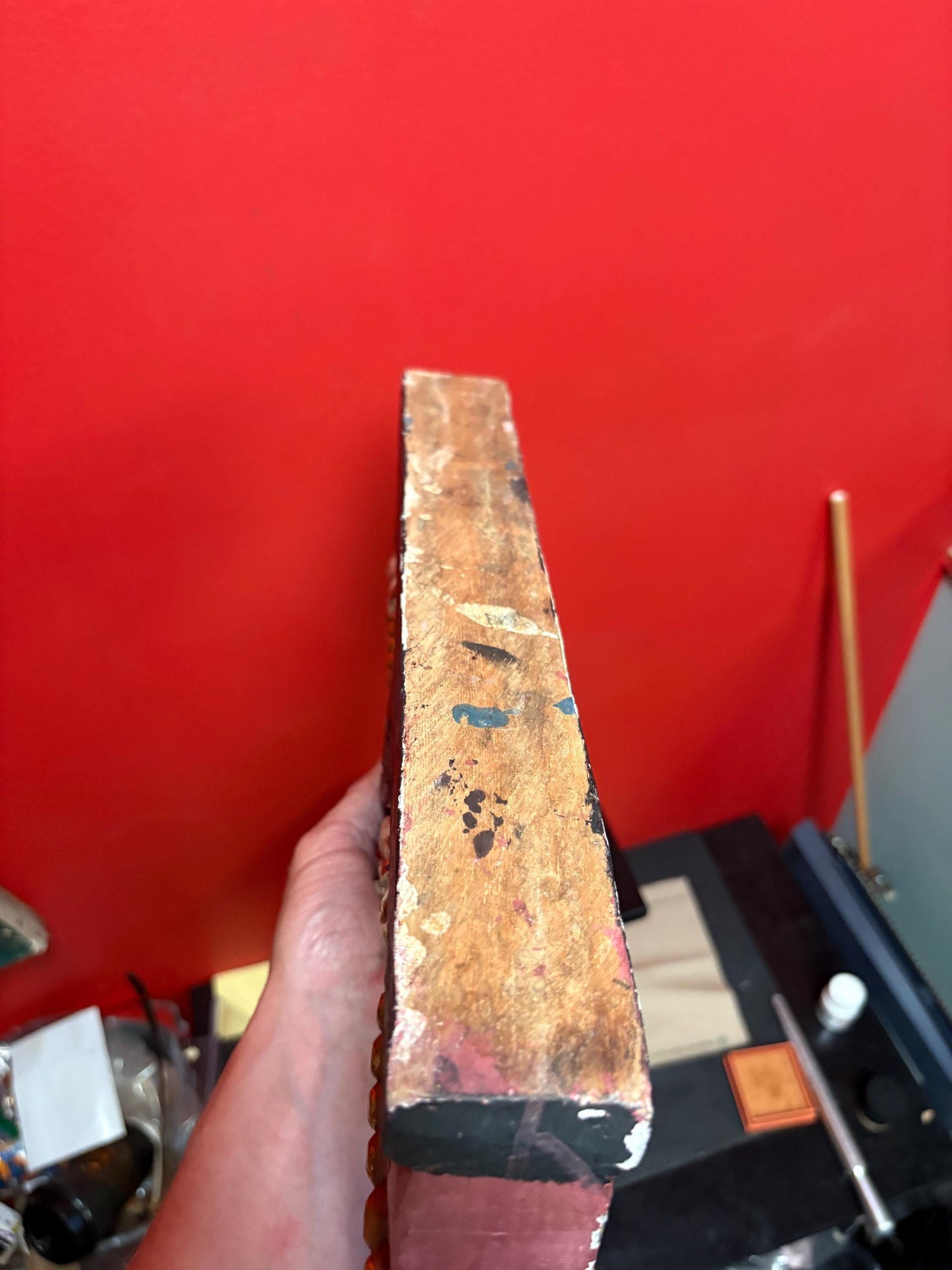 Fabulous 16 x 7 high antique polychrome painted southeast Asian statue  great patina and colour  wow decoration