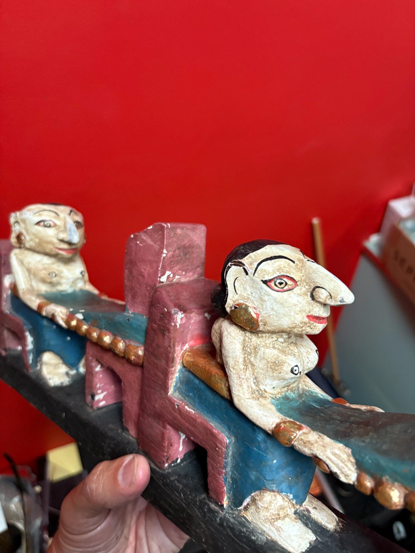 Fabulous 16 x 7 high antique polychrome painted southeast Asian statue  great patina and colour  wow decoration