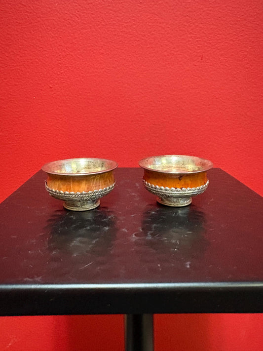 Beautiful Nepalese 2 x 1 high silver and wood ceremonial cups  very lovely detail  price for pair
