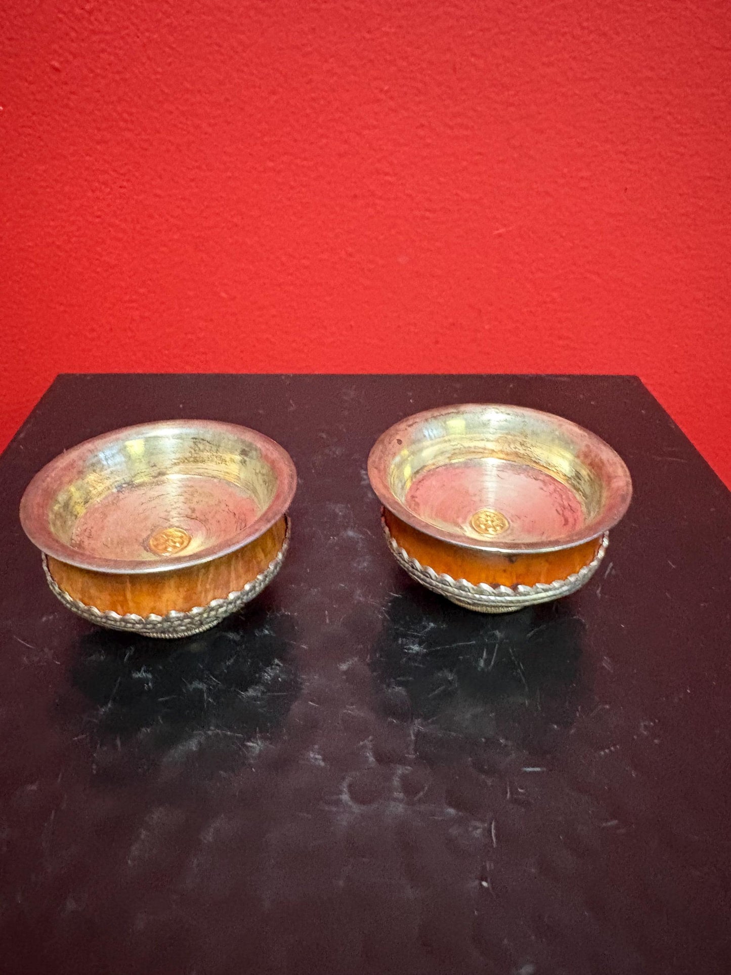 Beautiful Nepalese 2 x 1 high silver and wood ceremonial cups  very lovely detail  price for pair
