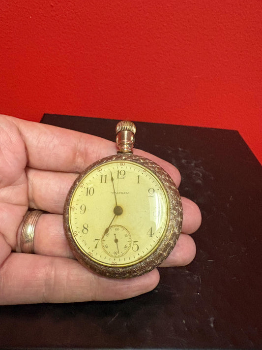 Lovely gold plated 3 inch Waltham pocket watch as is - you open it you fix it. Great deal.