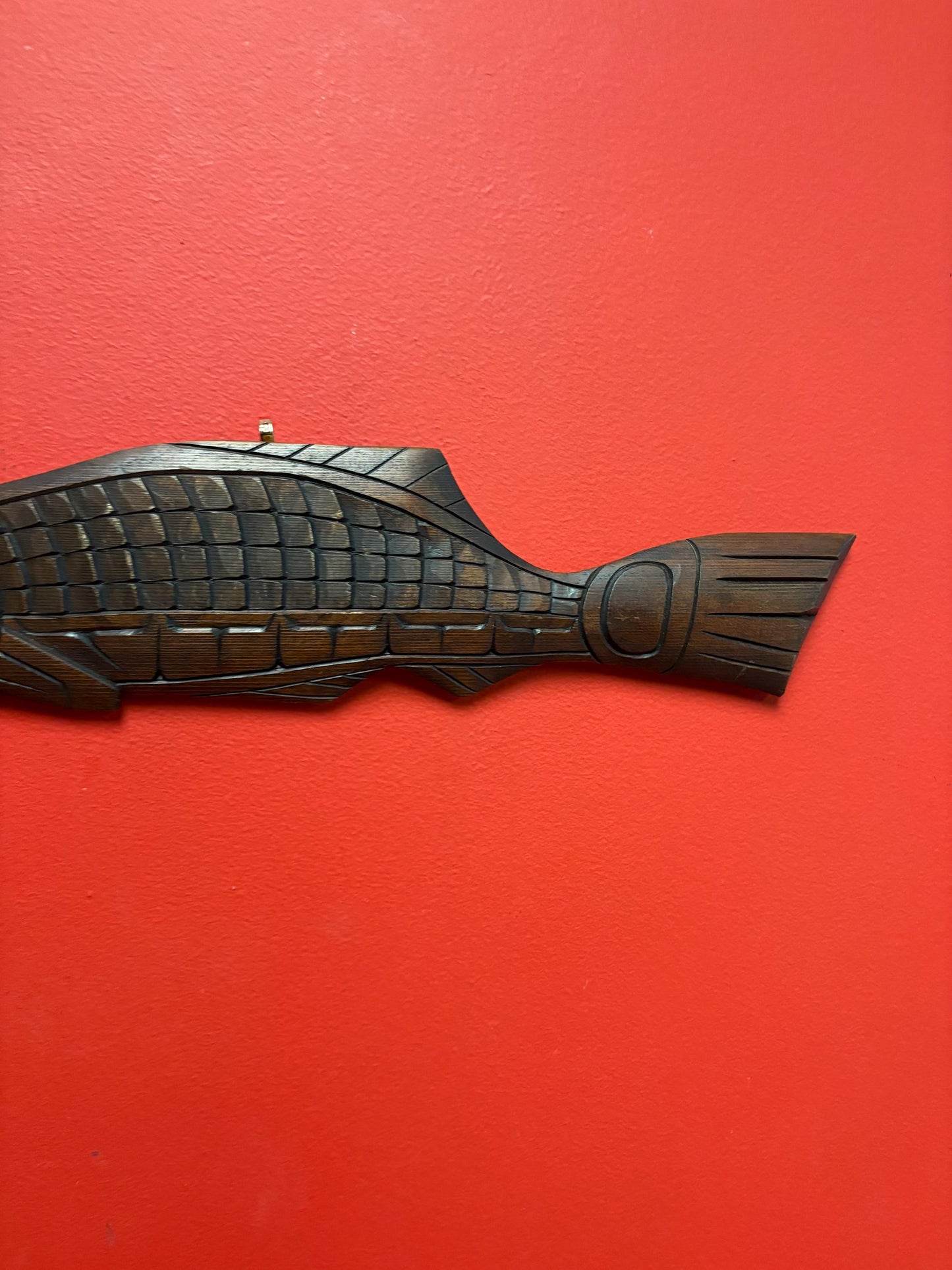 Stunning indigenous First Nations Pacific Northwest coast 18 by 4 inch wide detailed stained cedar salmon by Andrew Edwards - wow