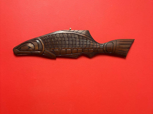 Stunning indigenous First Nations Pacific Northwest coast 18 by 4 inch wide detailed stained cedar salmon by Andrew Edwards - wow