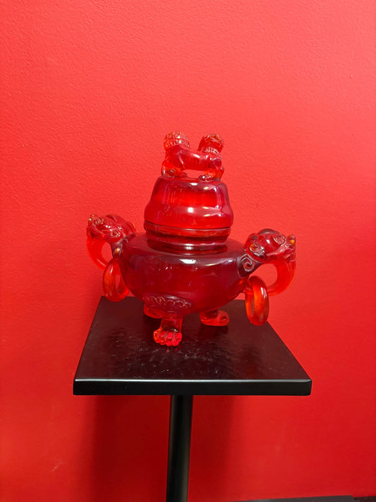 Stunning antique authentic Chinese red Cherry Amber sensor with lid - amazing detail and imagery - 1.42 kg - 10 x 9 wide -