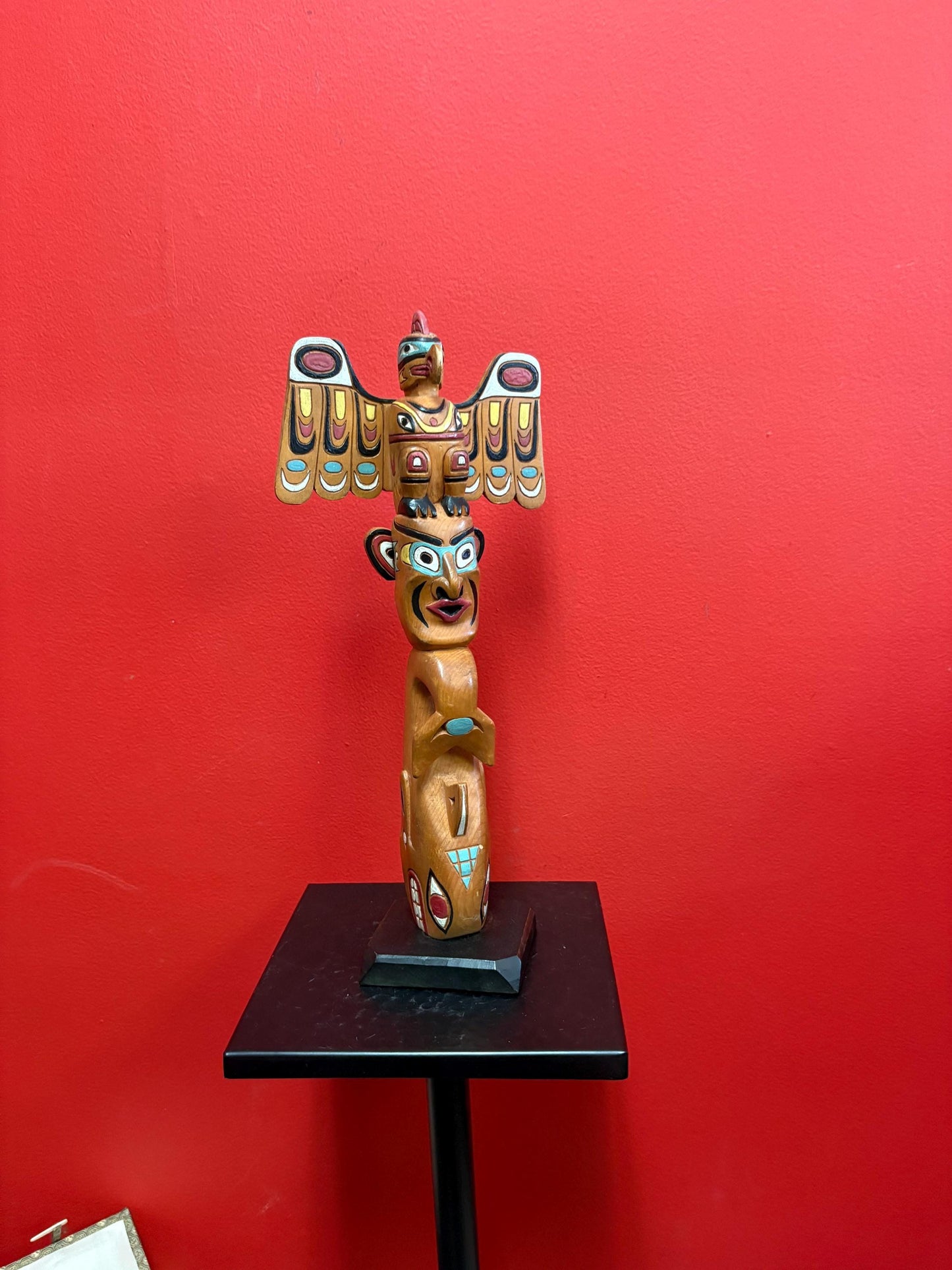 Beautiful indigenous first nation Pacific Northwest Coast antique 14 x 6 polychrome painted cedar totem pole  wonderful imagery