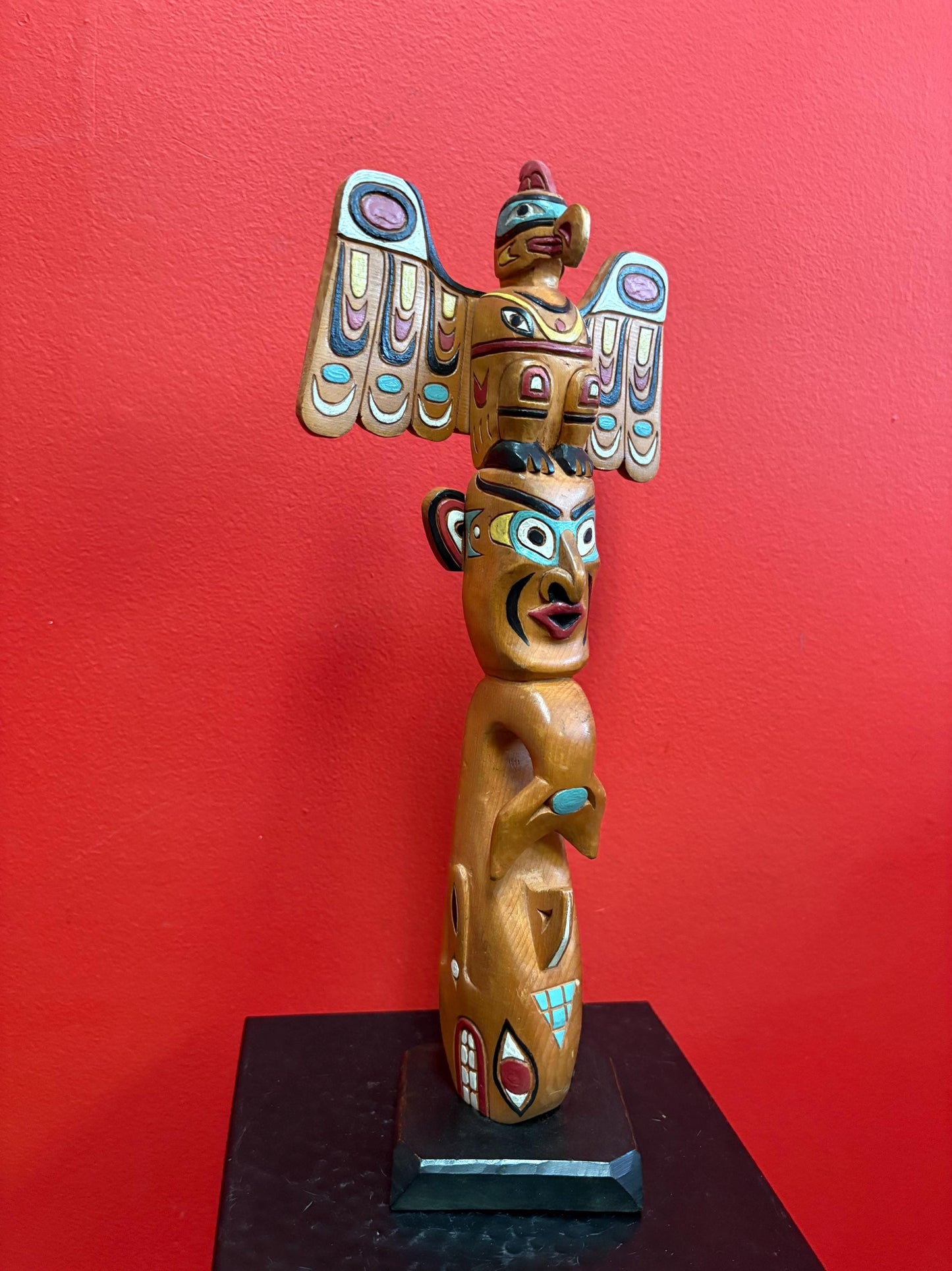 Beautiful indigenous first nation Pacific Northwest Coast antique 14 x 6 polychrome painted cedar totem pole  wonderful imagery