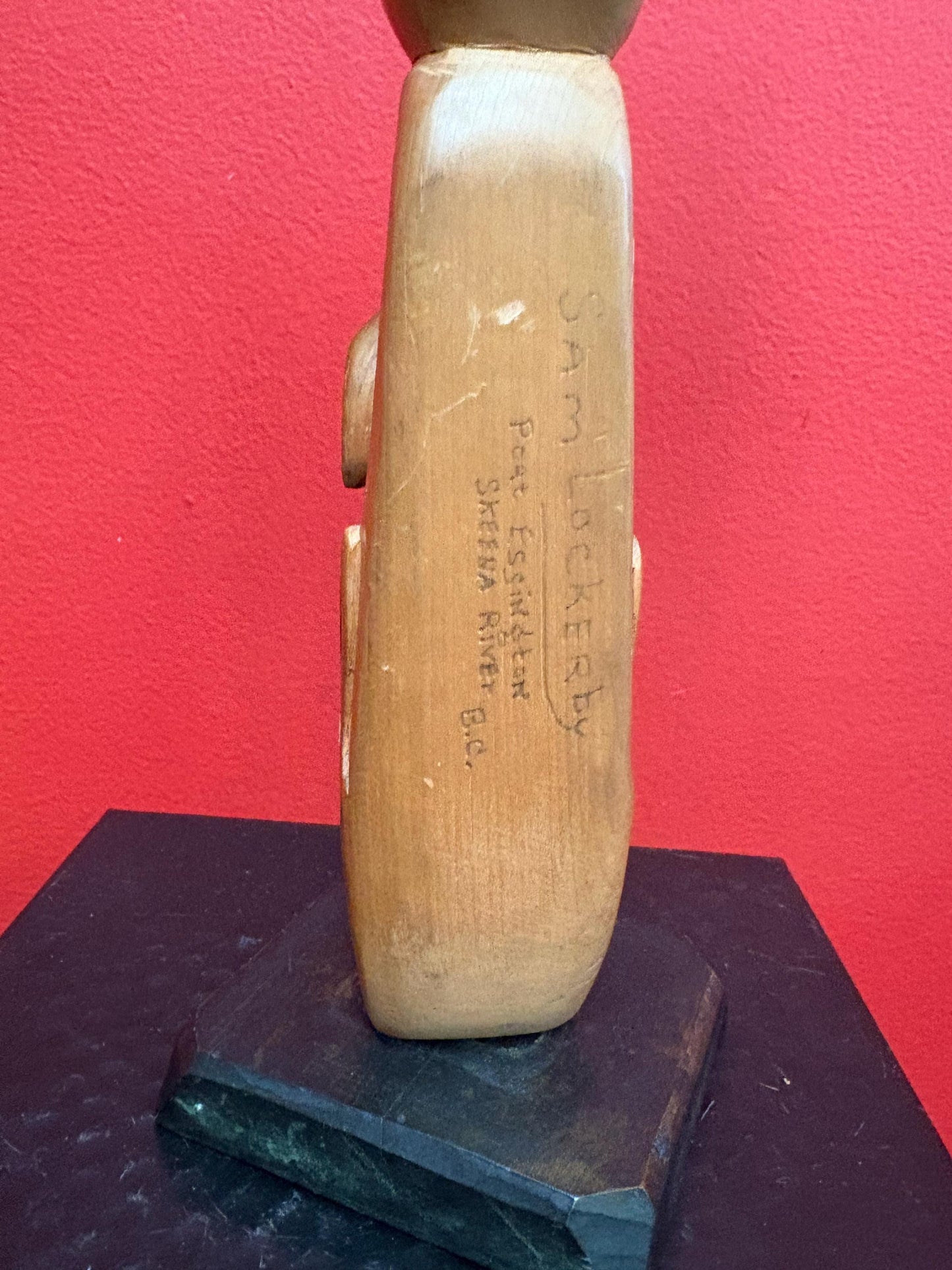 Beautiful indigenous first nation Pacific Northwest Coast antique 14 x 6 polychrome painted cedar totem pole  wonderful imagery