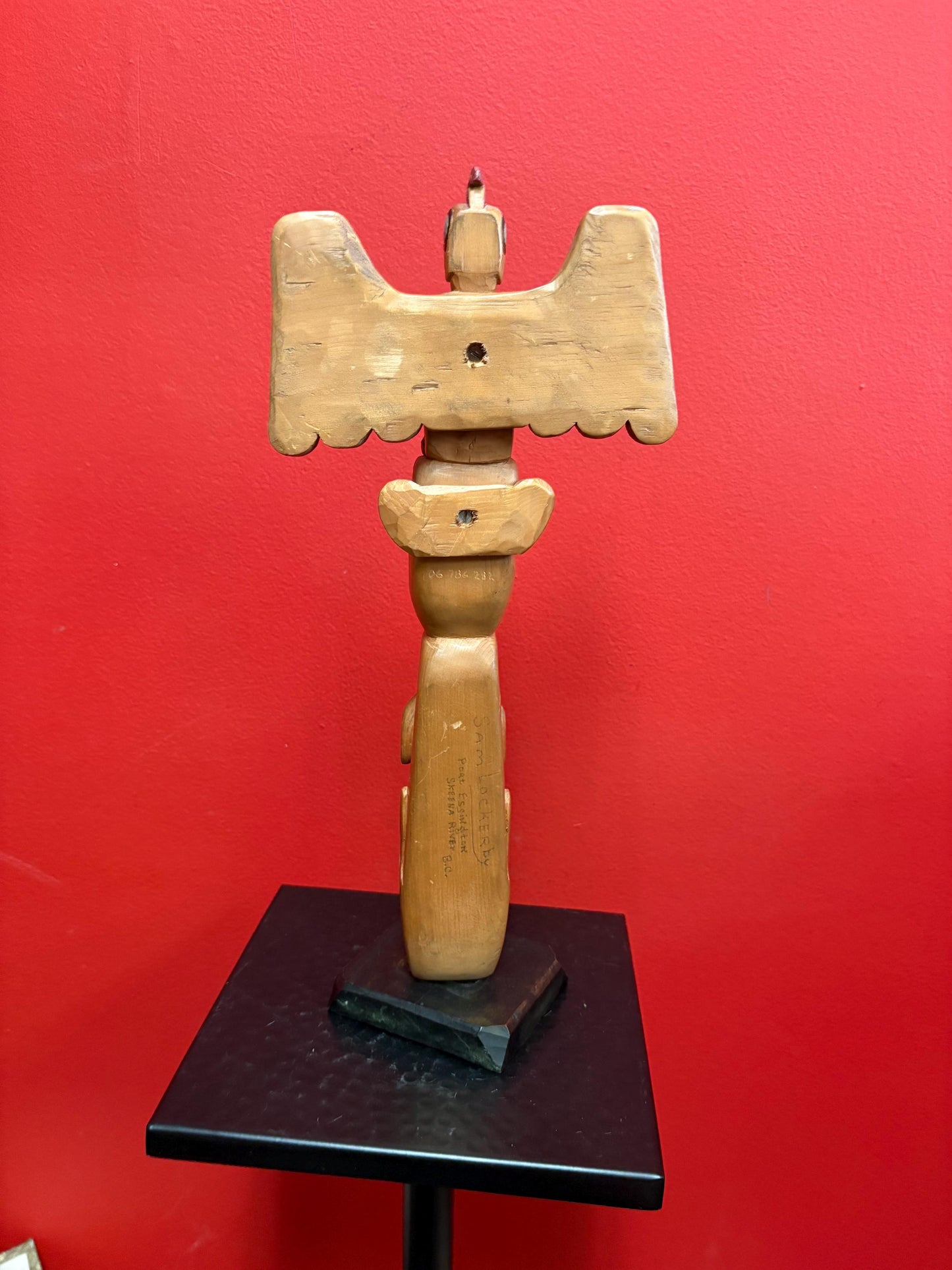 Beautiful indigenous first nation Pacific Northwest Coast antique 14 x 6 polychrome painted cedar totem pole  wonderful imagery