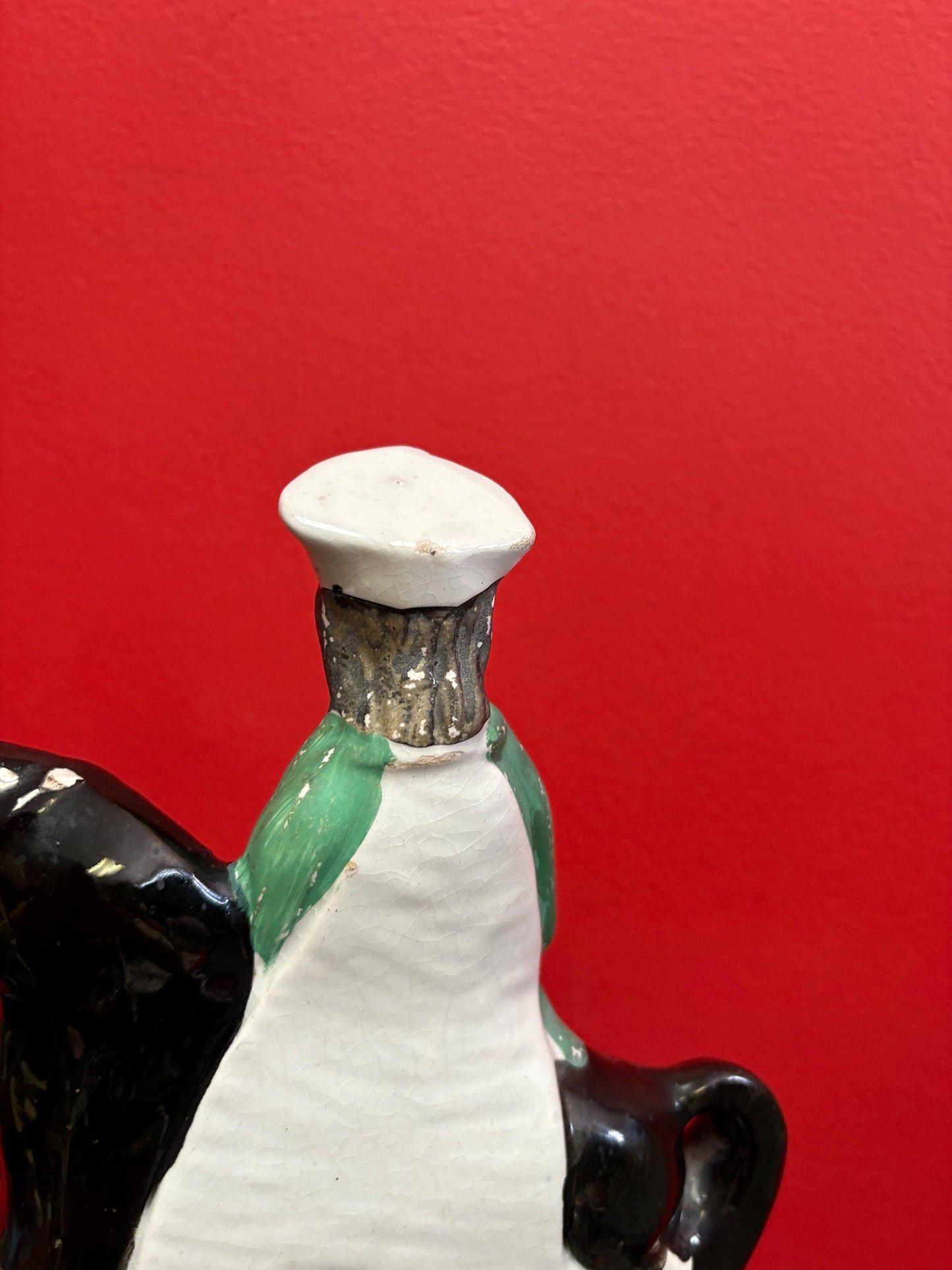 Lovely antique Staffordshire statue of a horse and Rider   10 inches tall  pretty good condition. See photos.