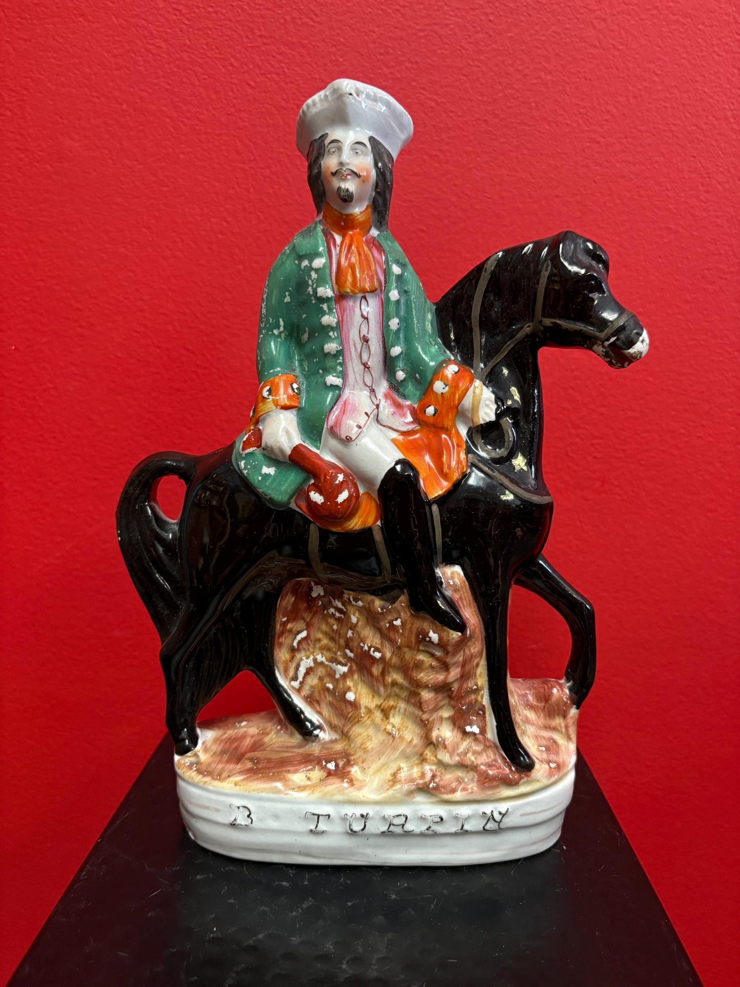 Lovely antique Staffordshire statue of a horse and Rider   10 inches tall  pretty good condition. See photos.
