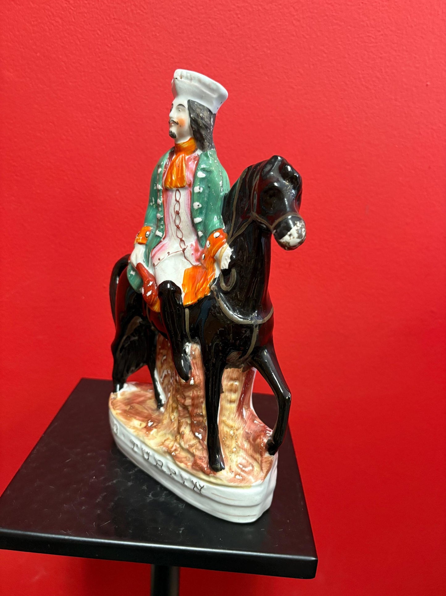 Lovely antique Staffordshire statue of a horse and Rider   10 inches tall  pretty good condition. See photos.