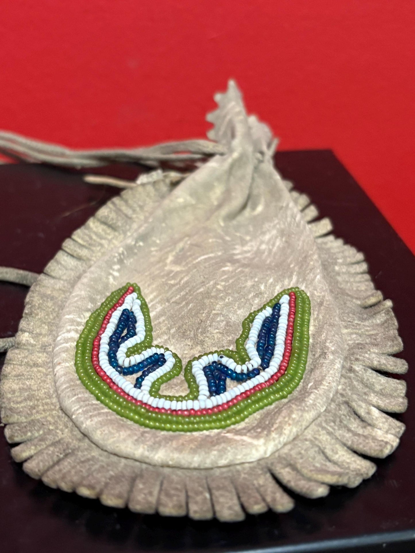 Beautiful antique beaded and leather 18 inch long indigenous first nation pacific  West Coast medicine bag slight damage