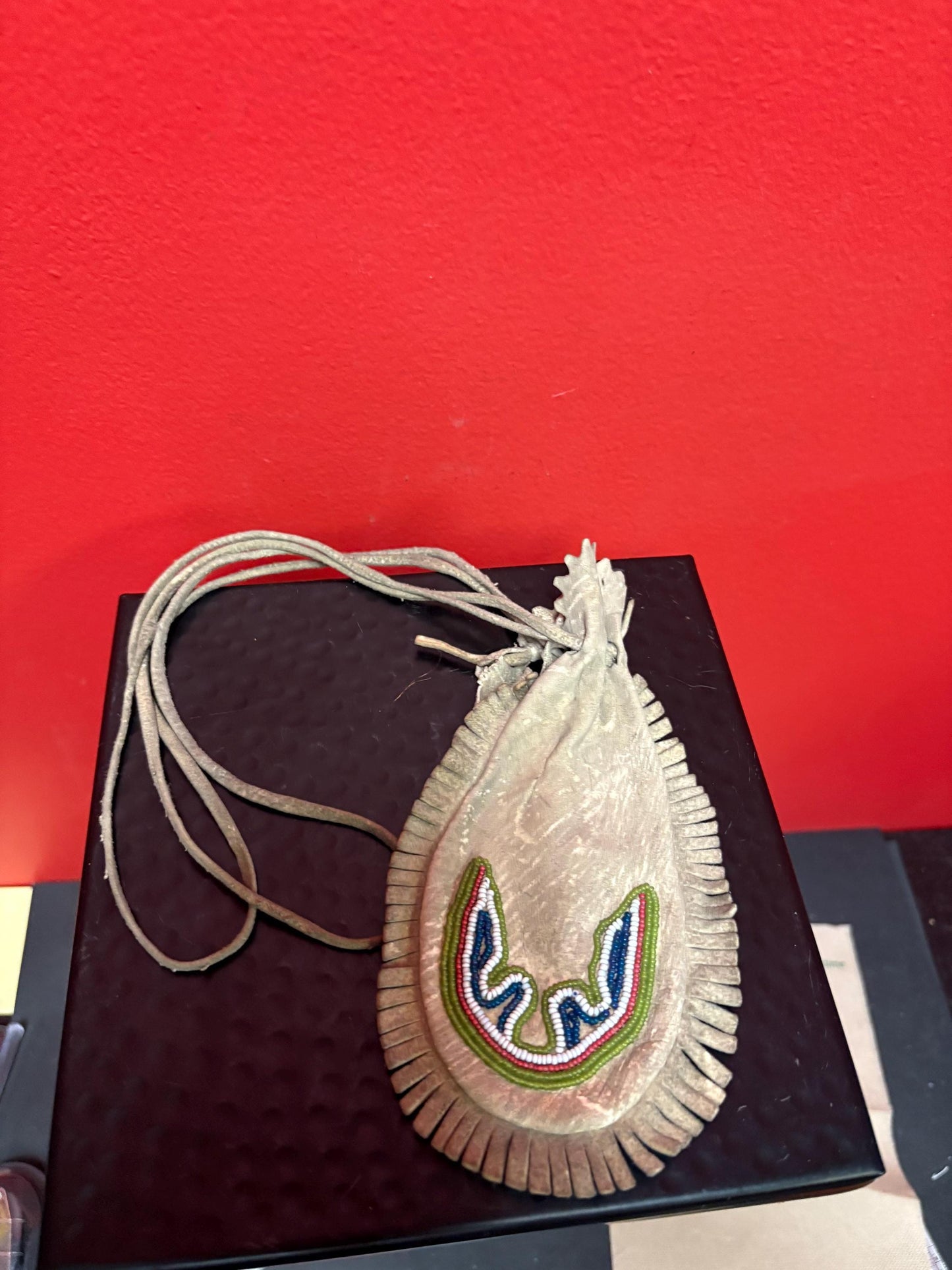 Beautiful antique beaded and leather 18 inch long indigenous first nation pacific  West Coast medicine bag slight damage