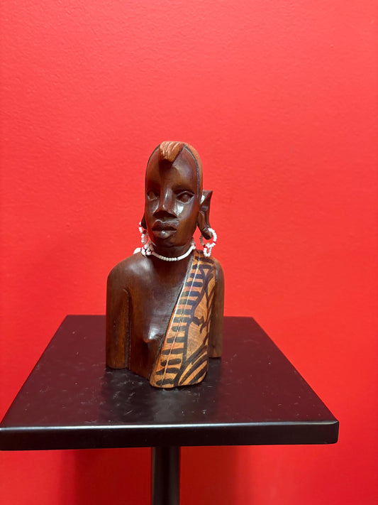 Beautiful old African statue with beaded shell necklace  7 inches high  great imagery  perfect gift