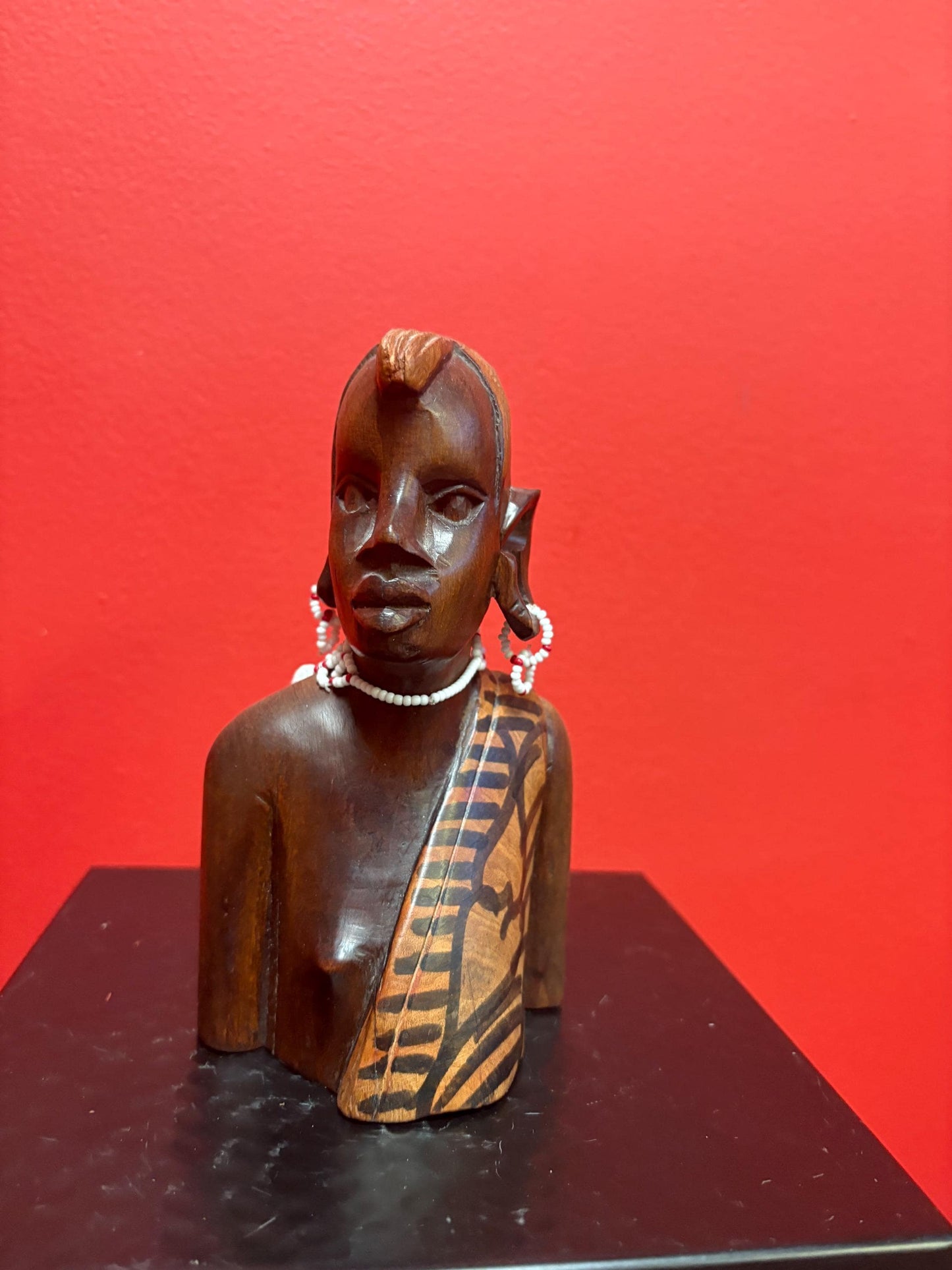 Beautiful old African statue with beaded shell necklace  7 inches high  great imagery  perfect gift