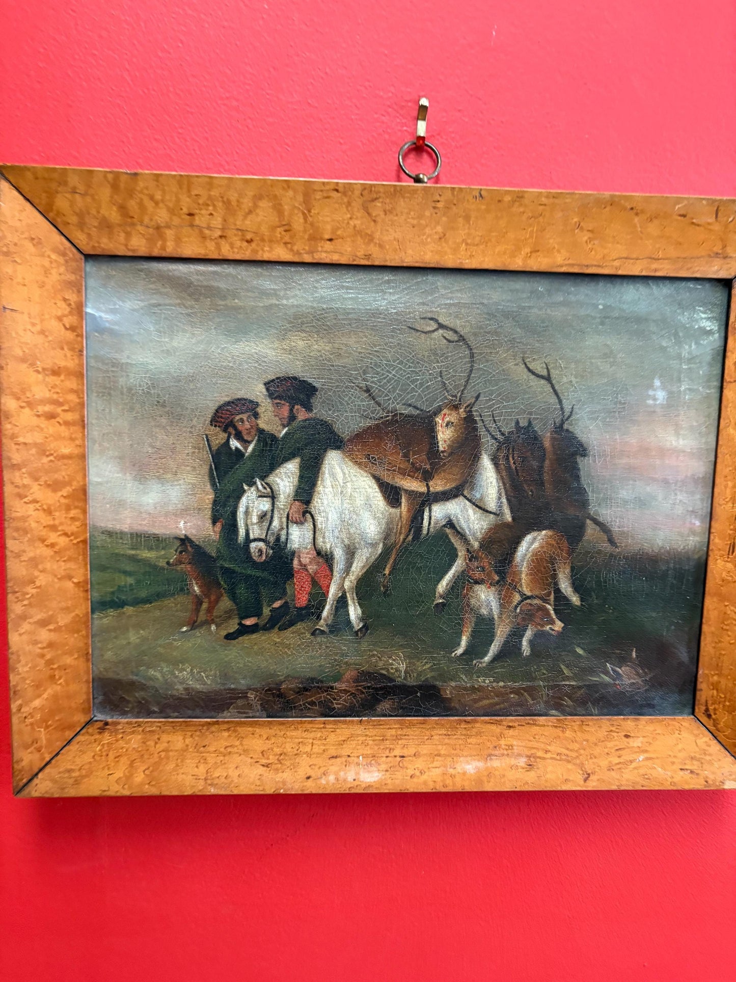 Stunning early 19 century Scottish oil painting on canvas in birds-eye maple frame  exquisite detail and imagery- 18 x 14  RS