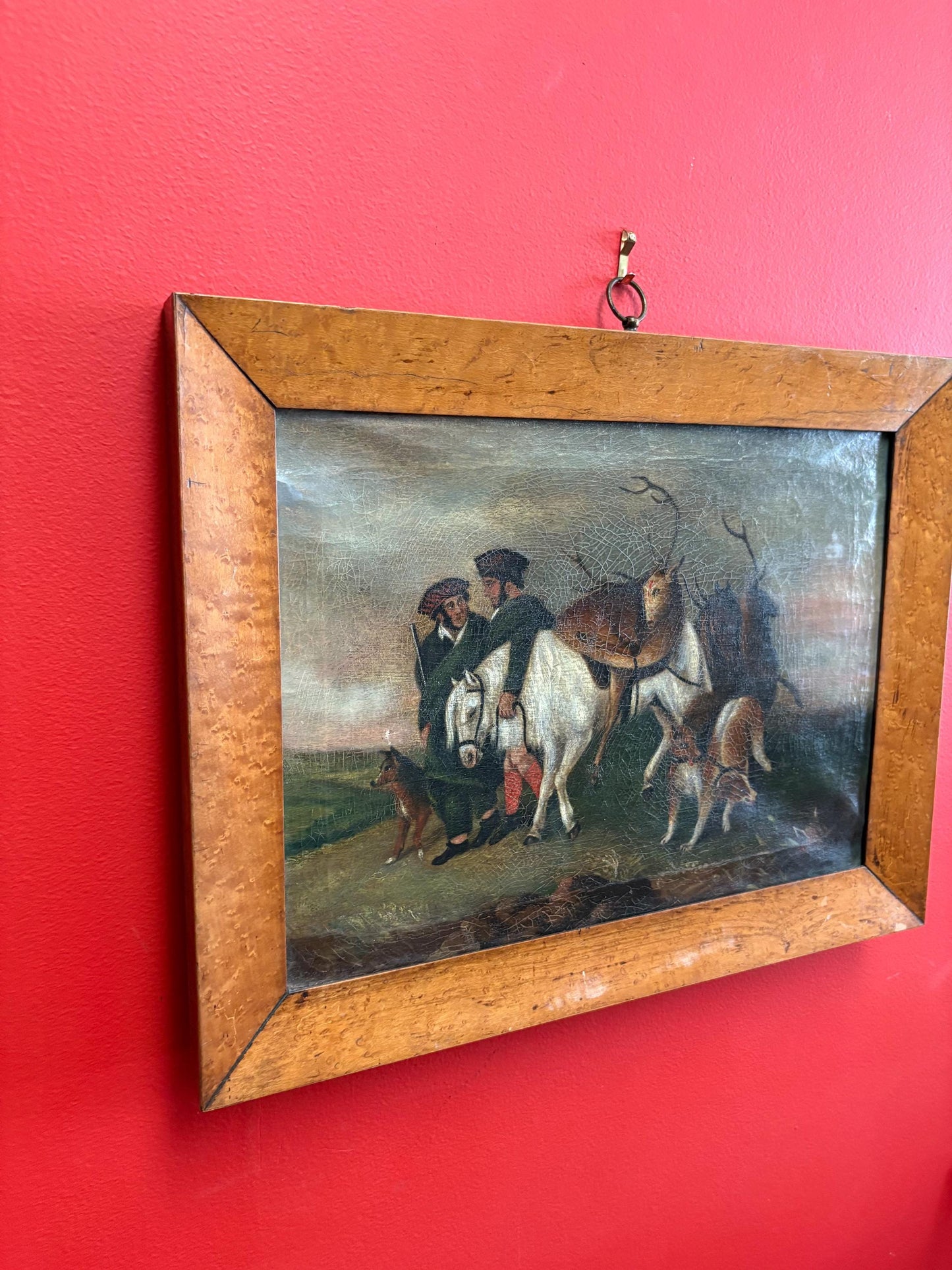 Stunning early 19 century Scottish oil painting on canvas in birds-eye maple frame  exquisite detail and imagery- 18 x 14  RS