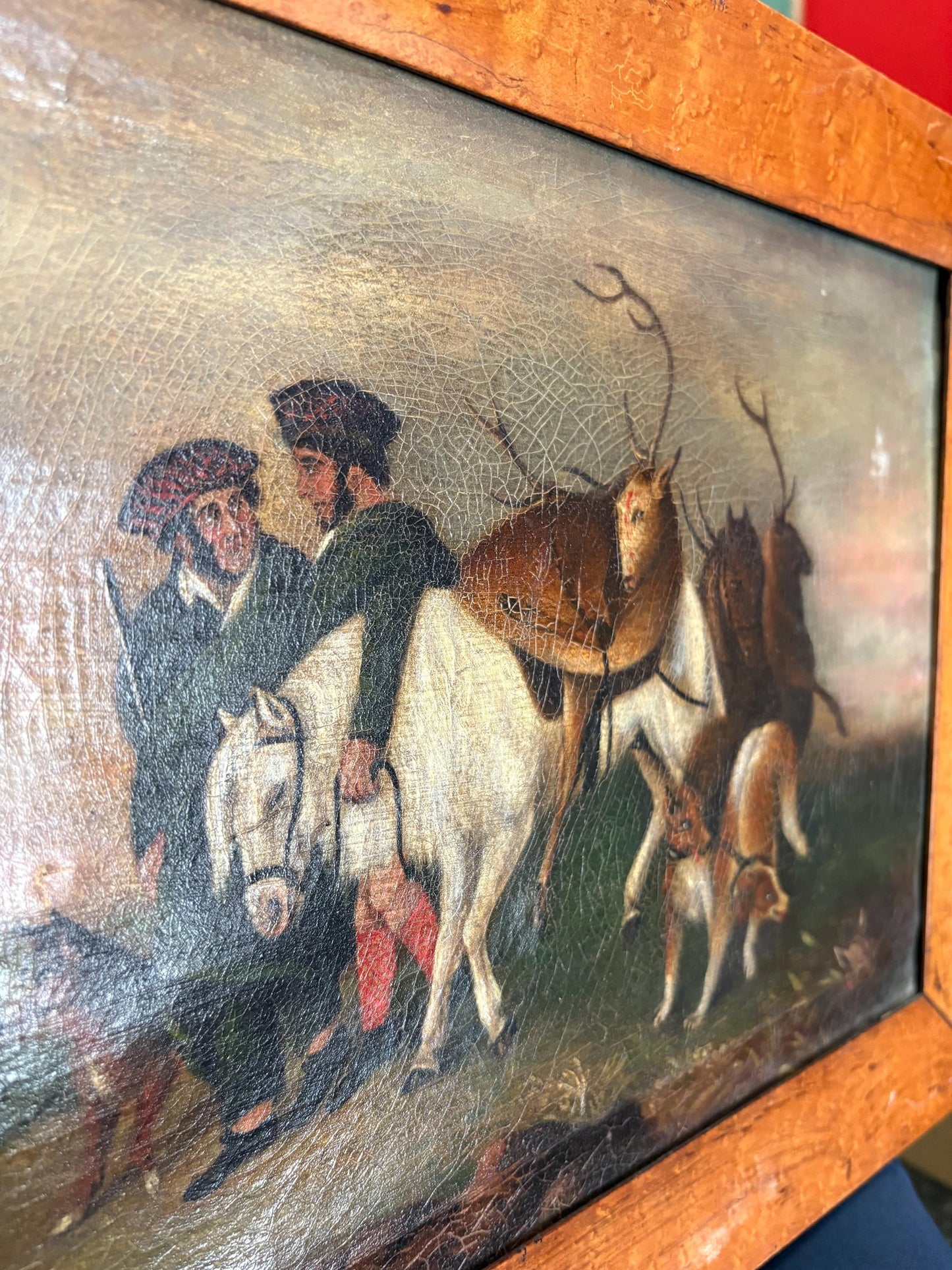 Stunning early 19 century Scottish oil painting on canvas in birds-eye maple frame  exquisite detail and imagery- 18 x 14  RS