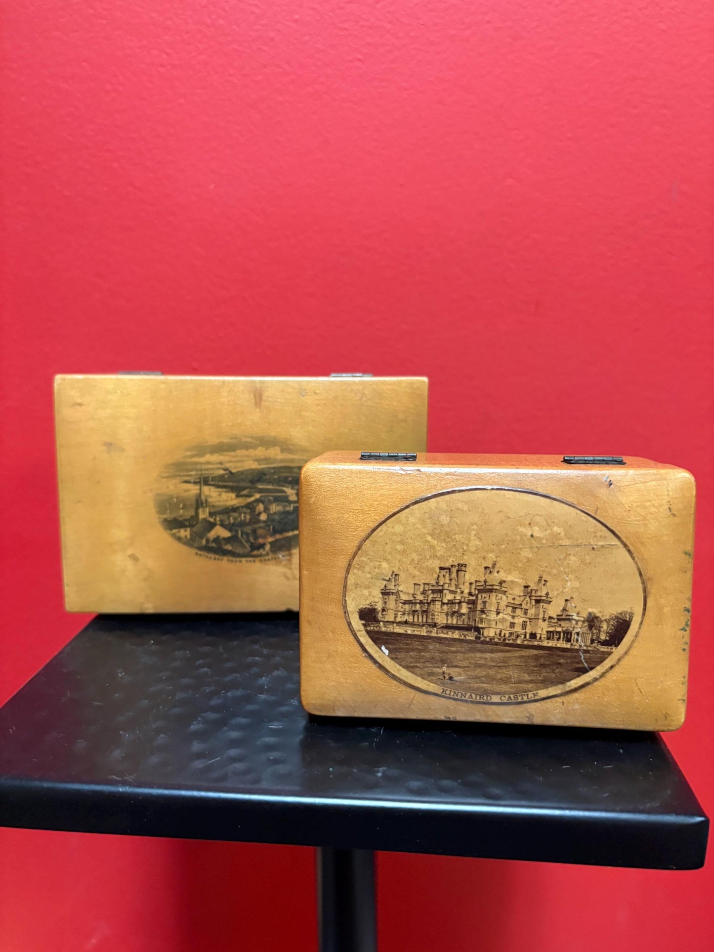 Two lovely mauchline ware English boxes  see photos  price for both   4 and 5 inches long