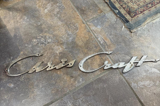 1940s original chrome nautical  CRISS CRAFT decals  used condition. See photos. no screws. 13 and 10 inches long. - wow