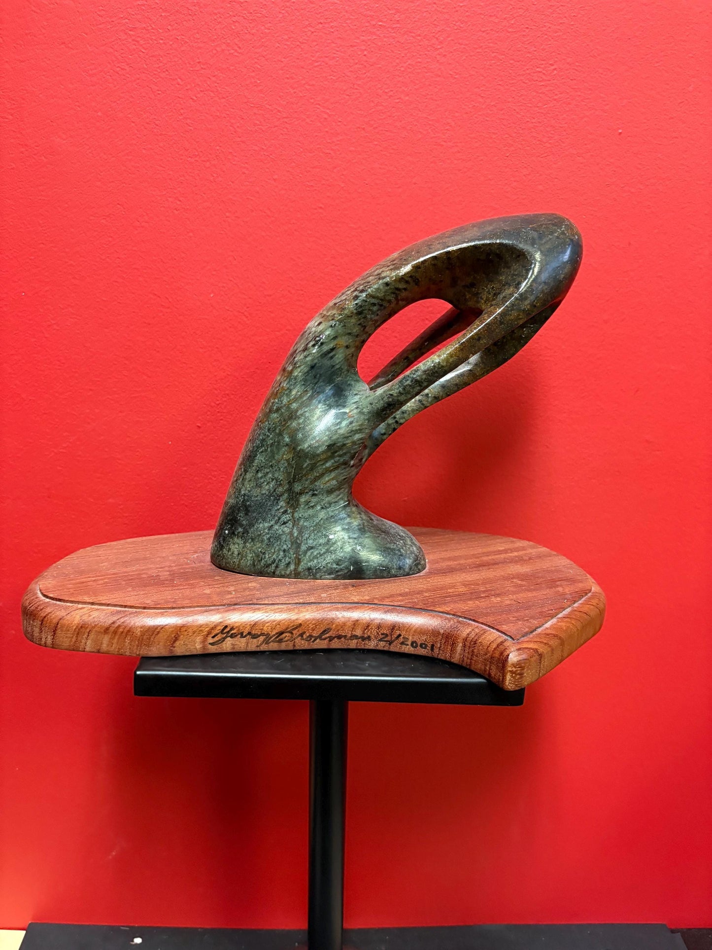 Stunning signed Inuit soapstone phallic statue on wood base    12 x 9 high and truly a wonderful piece of art